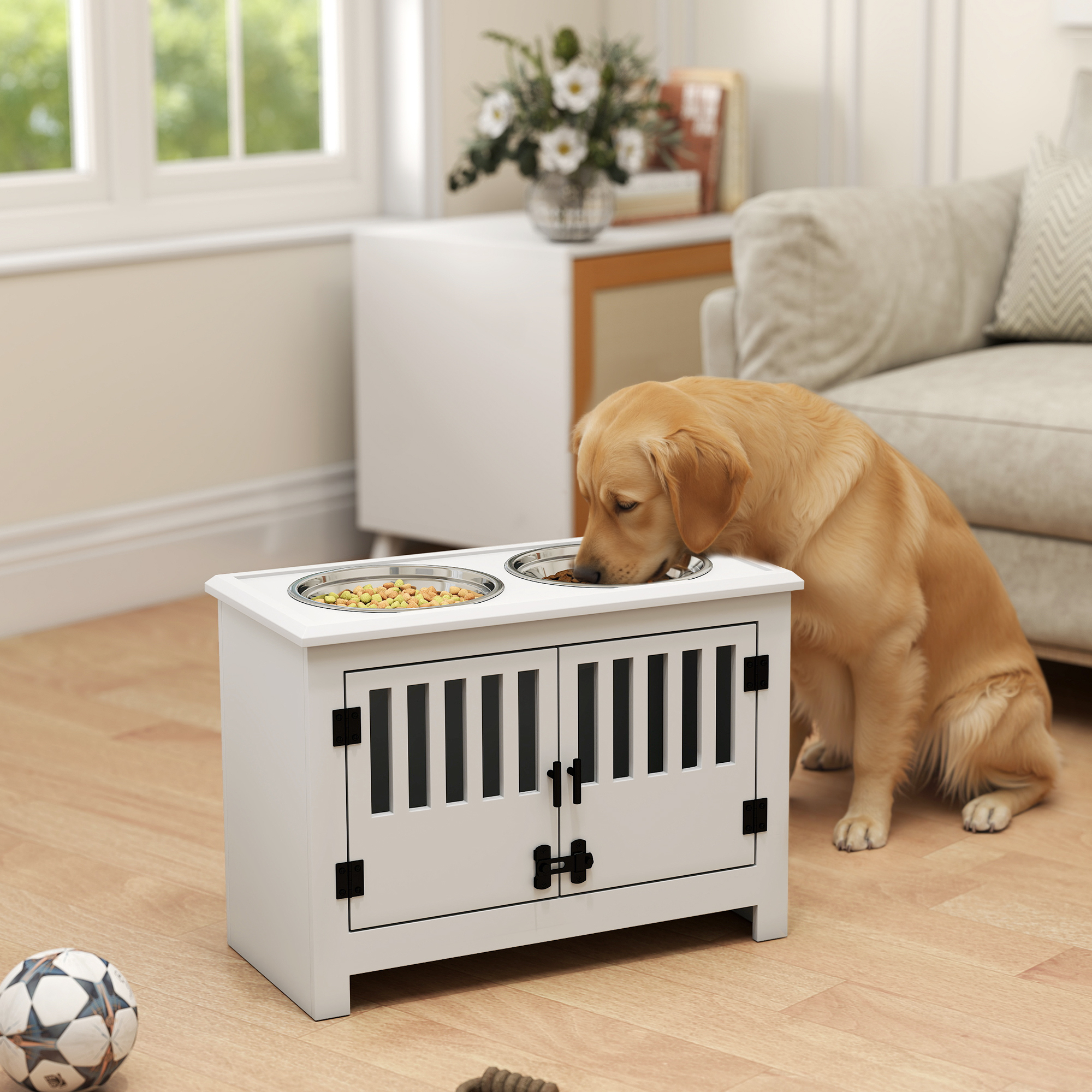 Armoire rangement nourriture chien avec bols et station alimentation, blanc