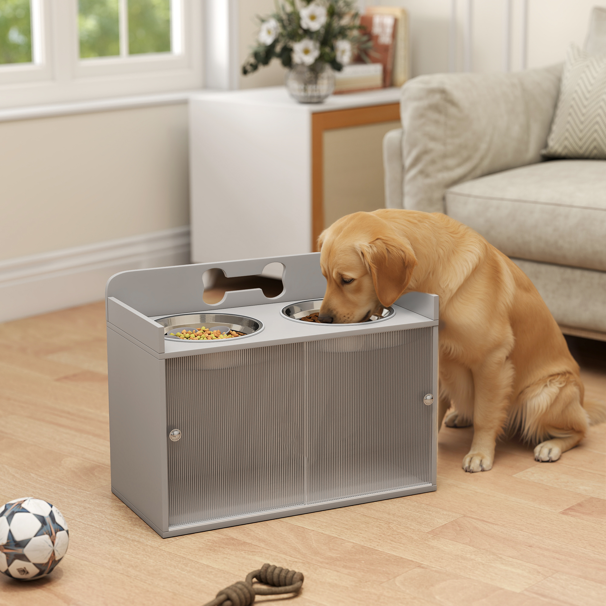 Gamelle chien surélevée rangement 2 bols gris