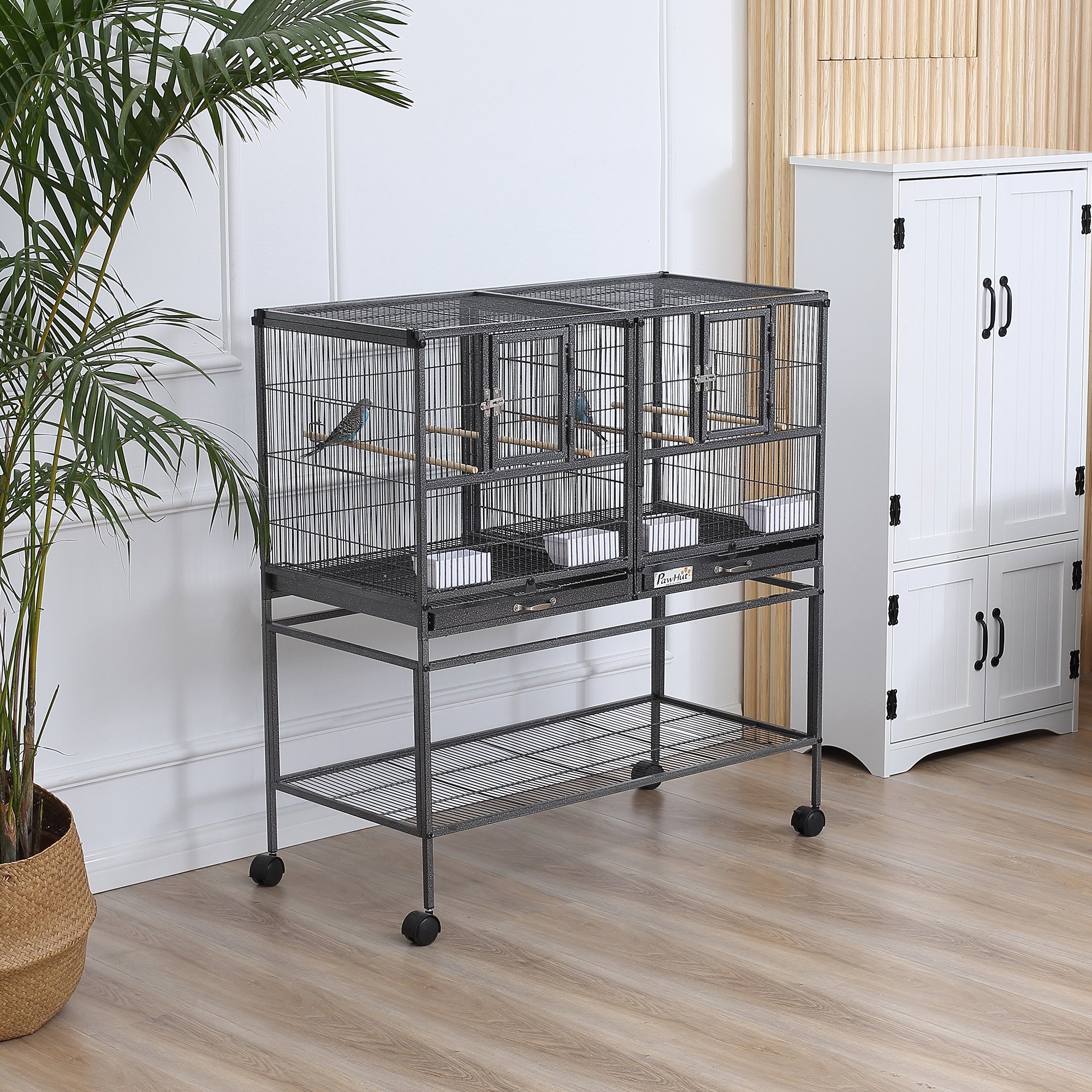 Cage oiseaux reproduction roulante plateau métal amovible bois