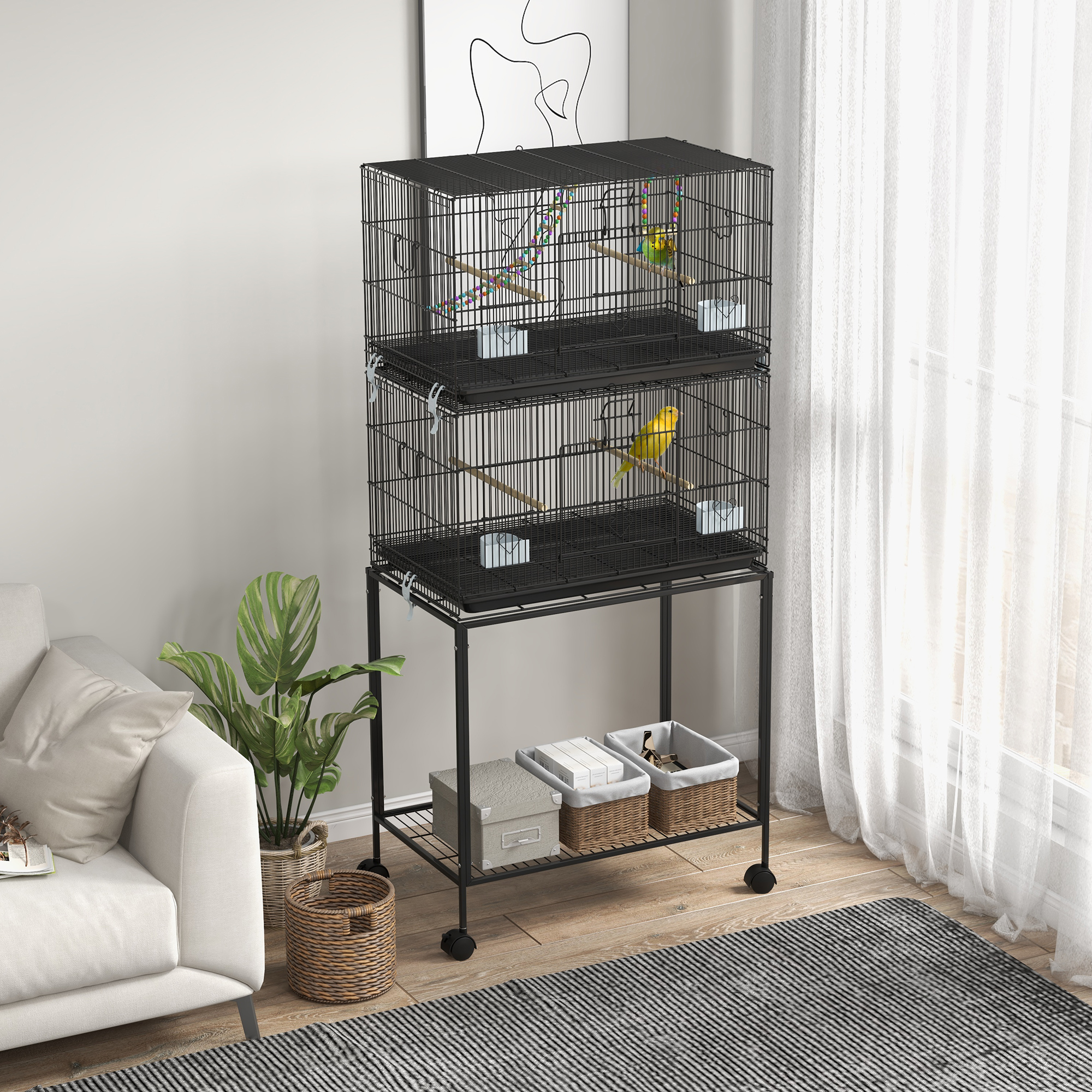 Cage oiseau double empilable roulettes canaris
