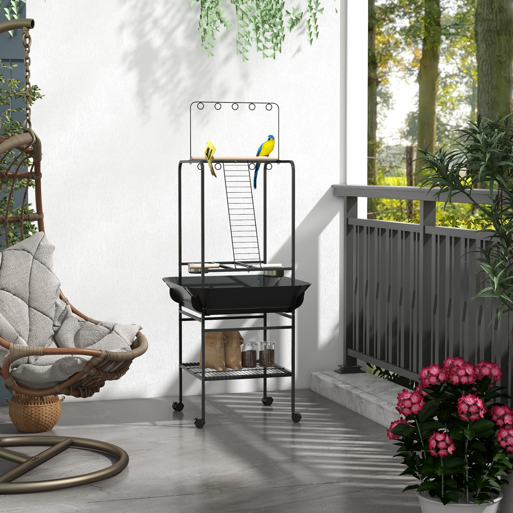Perchoir oiseau roues bols inox petit perroquet gris