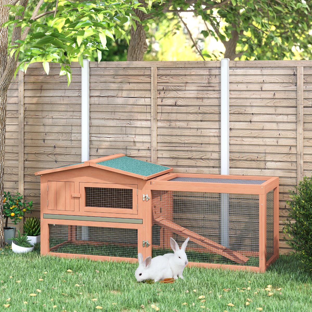 Cage lapin extérieur 62" bois, enclos amovible, naturel