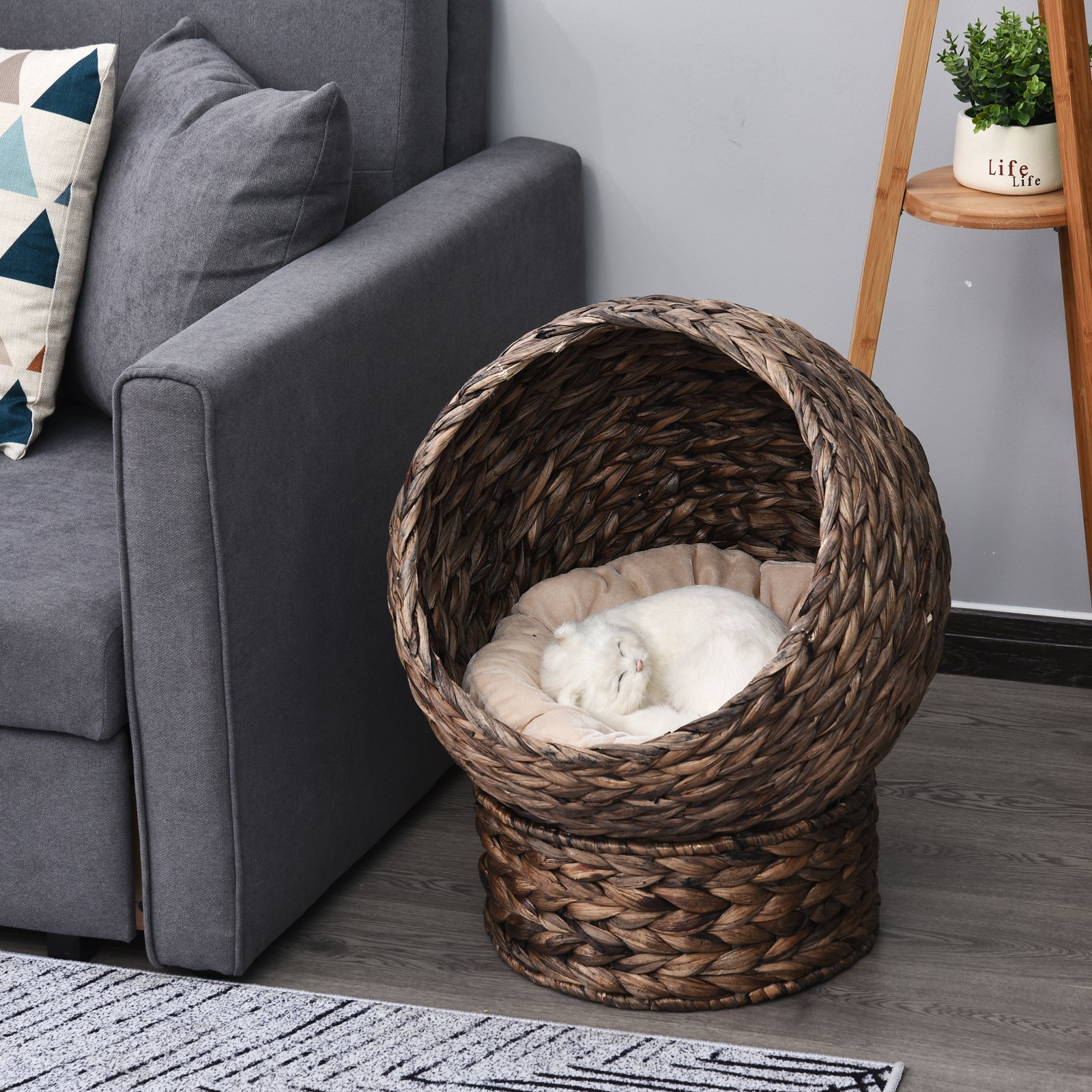 Lit chat surélevé tissé avec panier rotatif, chaise oeuf, marron