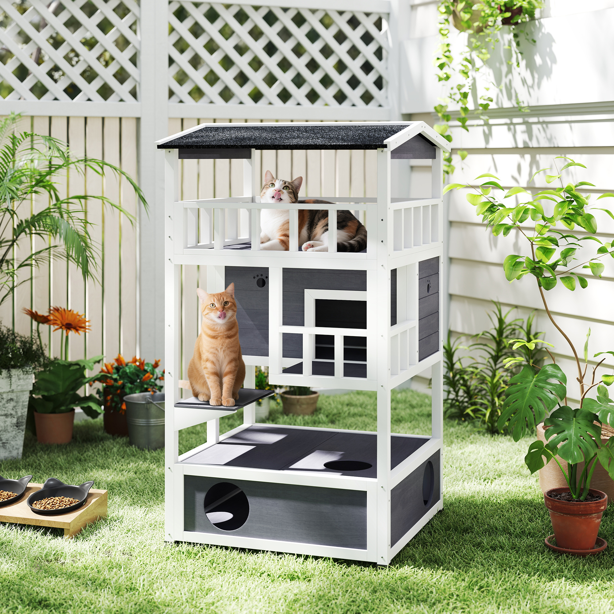 Maison chat bois extérieur, abri féral, toit, gris