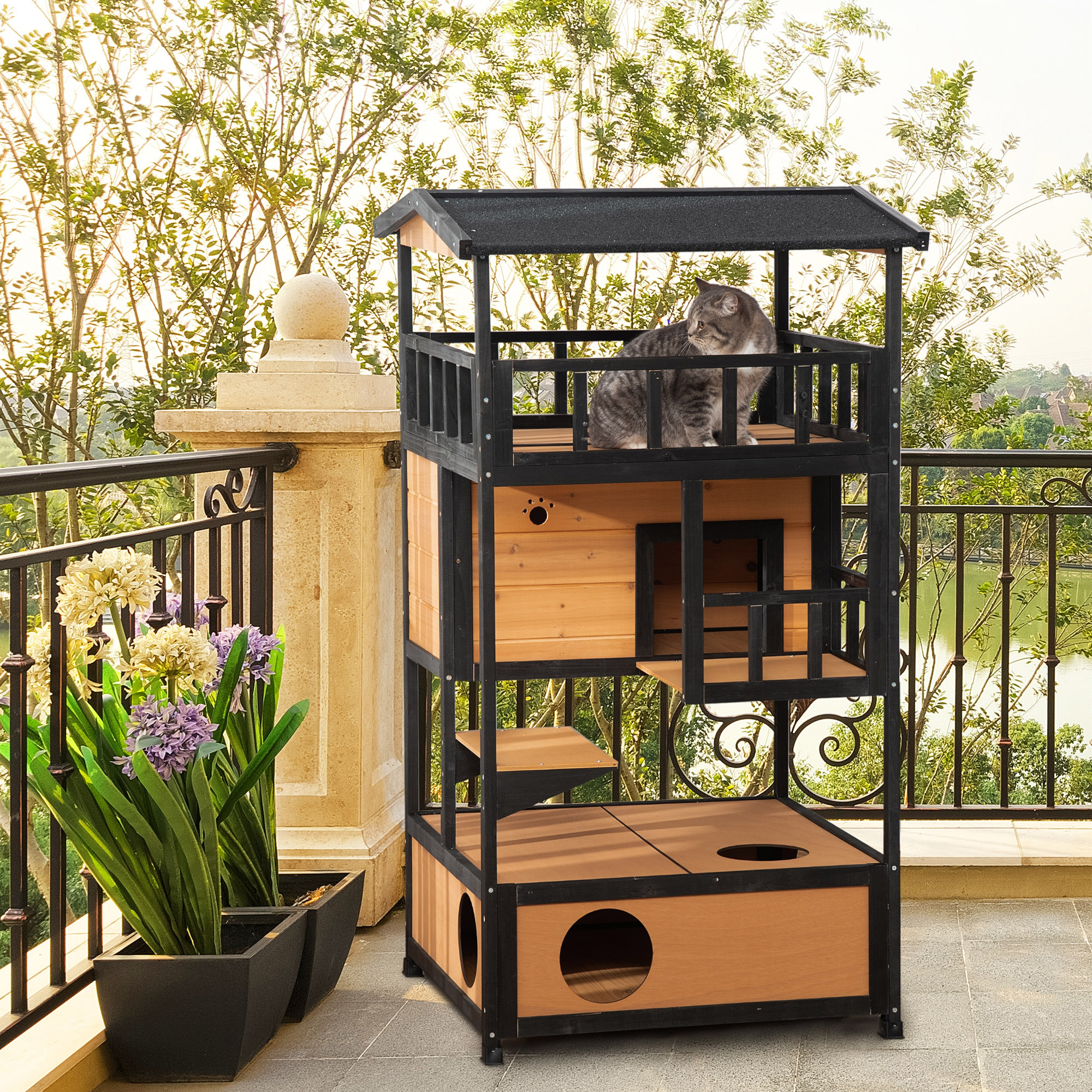 Maison chat bois extérieur, abri féral, toit, jaune