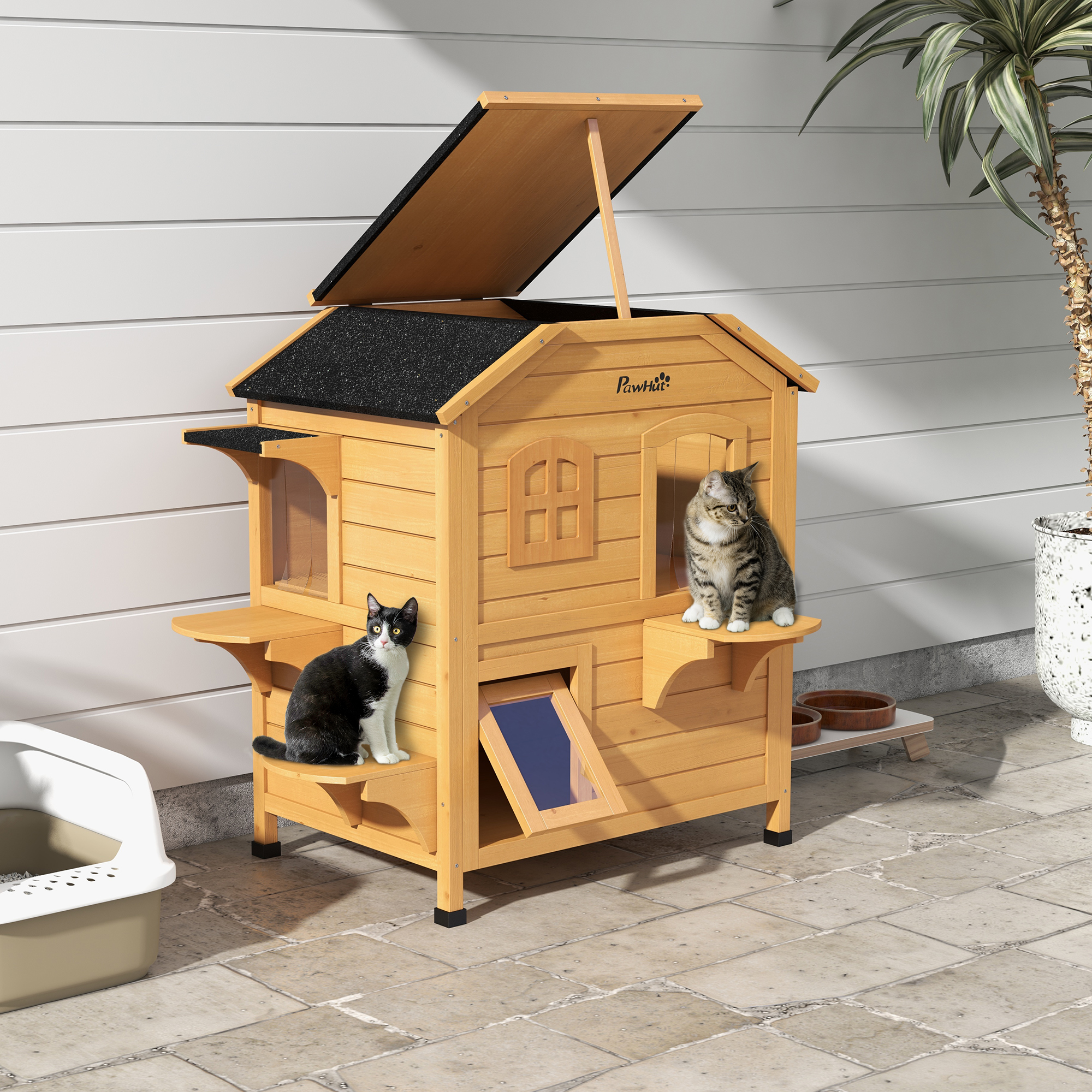 Maison chat 2 étages bois, enclos extérieur, toiture ouvrante, naturel