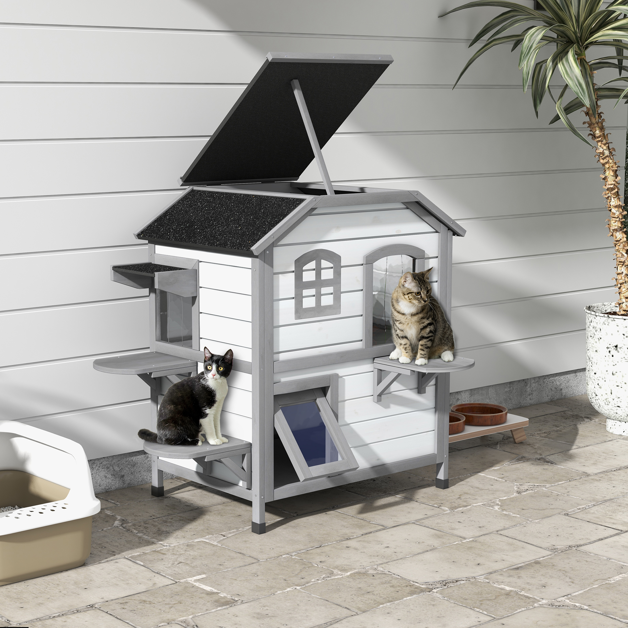 Maison pour chat extérieur 2 étages avec toit, blanc