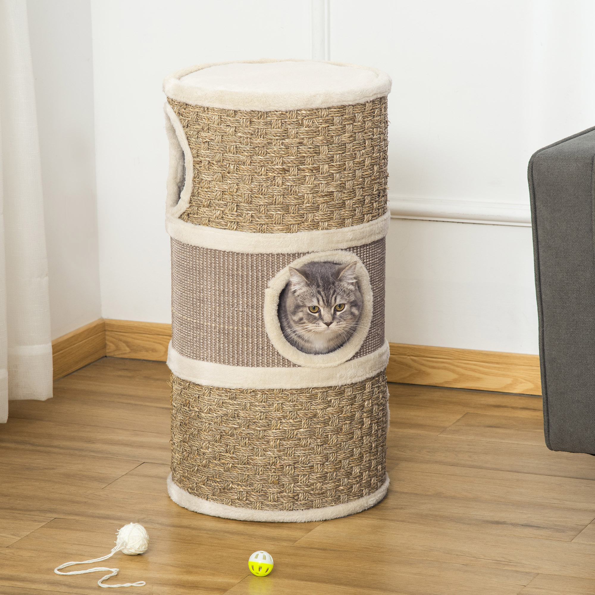 Griffoir chat 28 po, 3 étages, cache, sisal