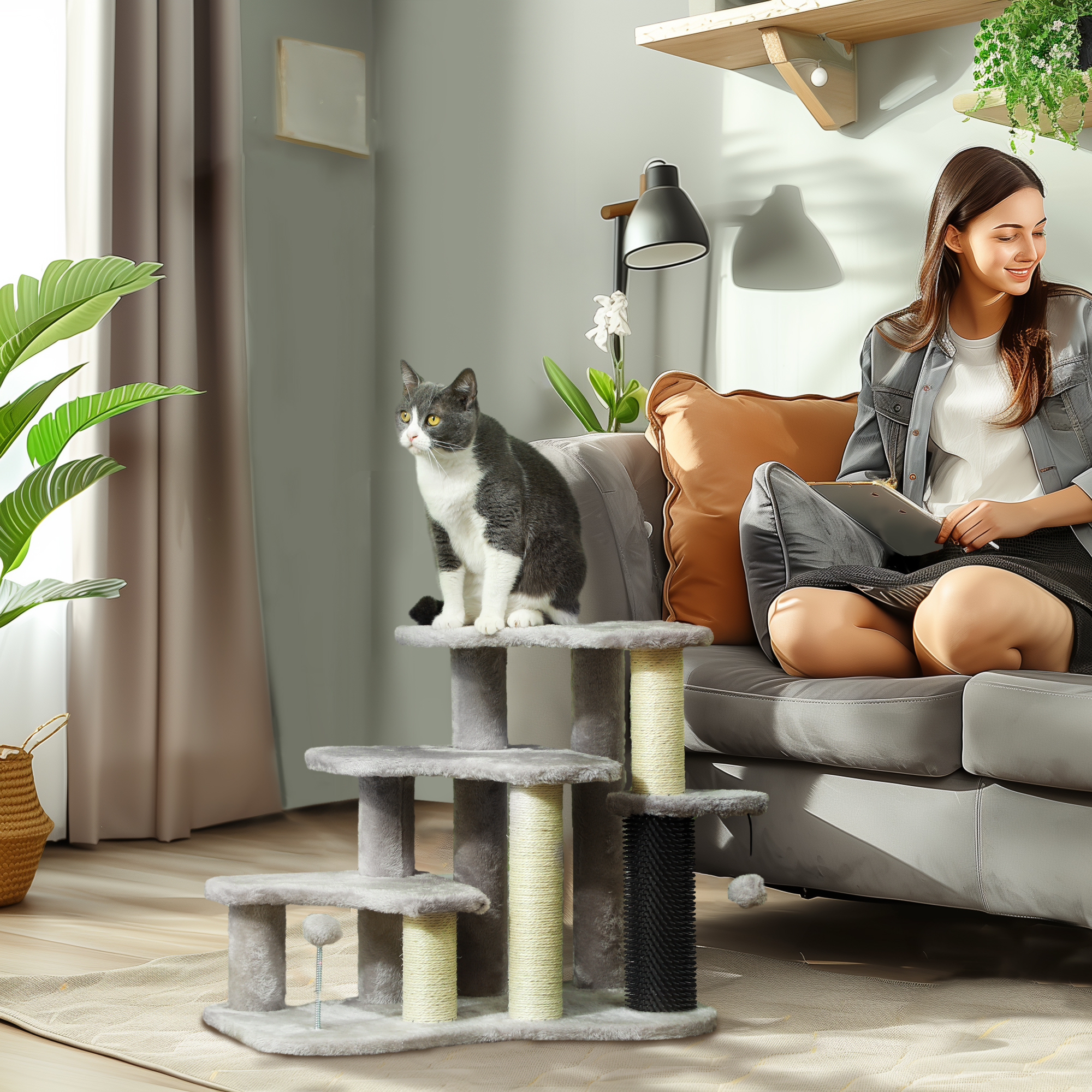 Tour à chat 2 en 1, escalier 3 étages, griffoir, jouets, pour lits
