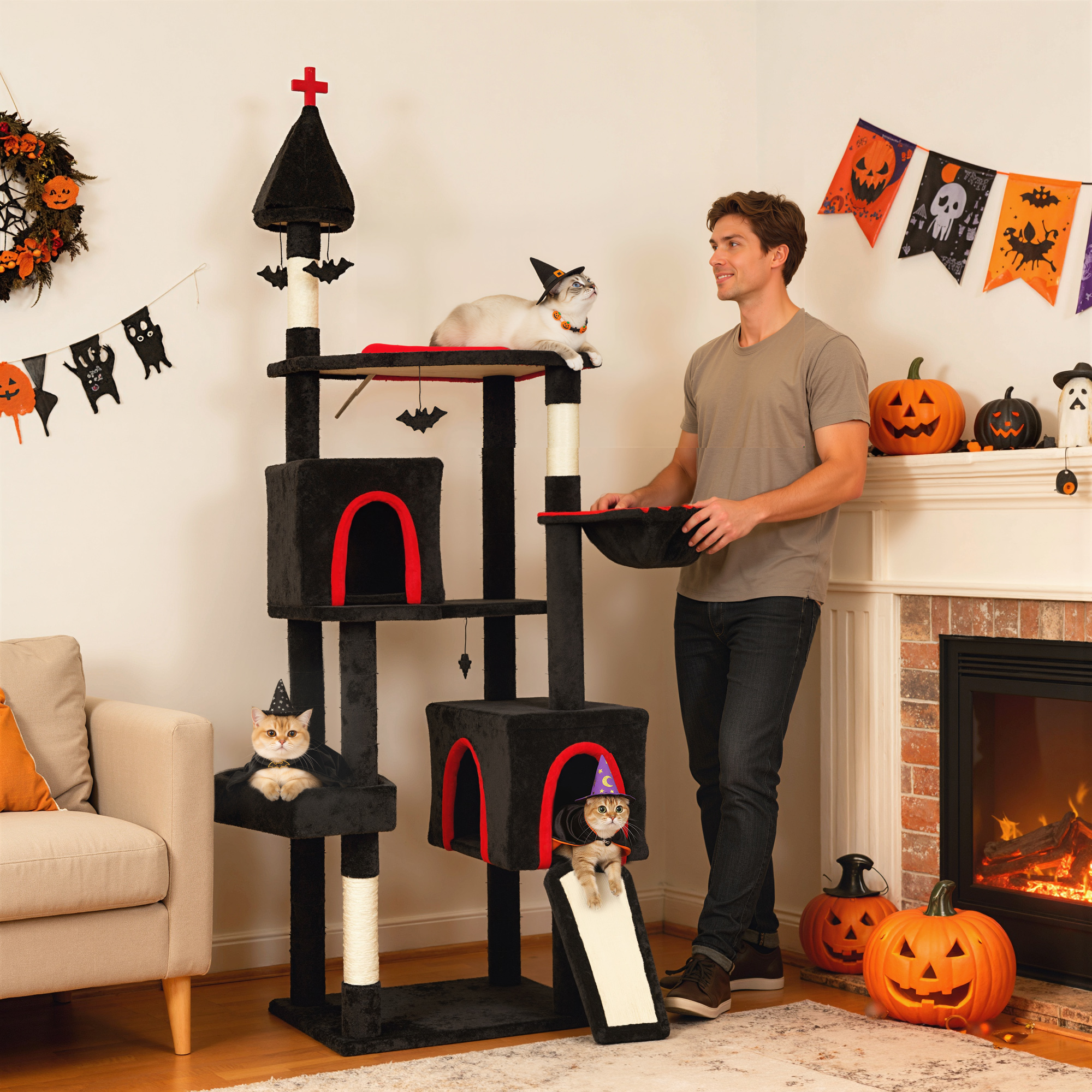 Arbre chat gothique 78" lit cercueil, 2 condos, poteau sisal