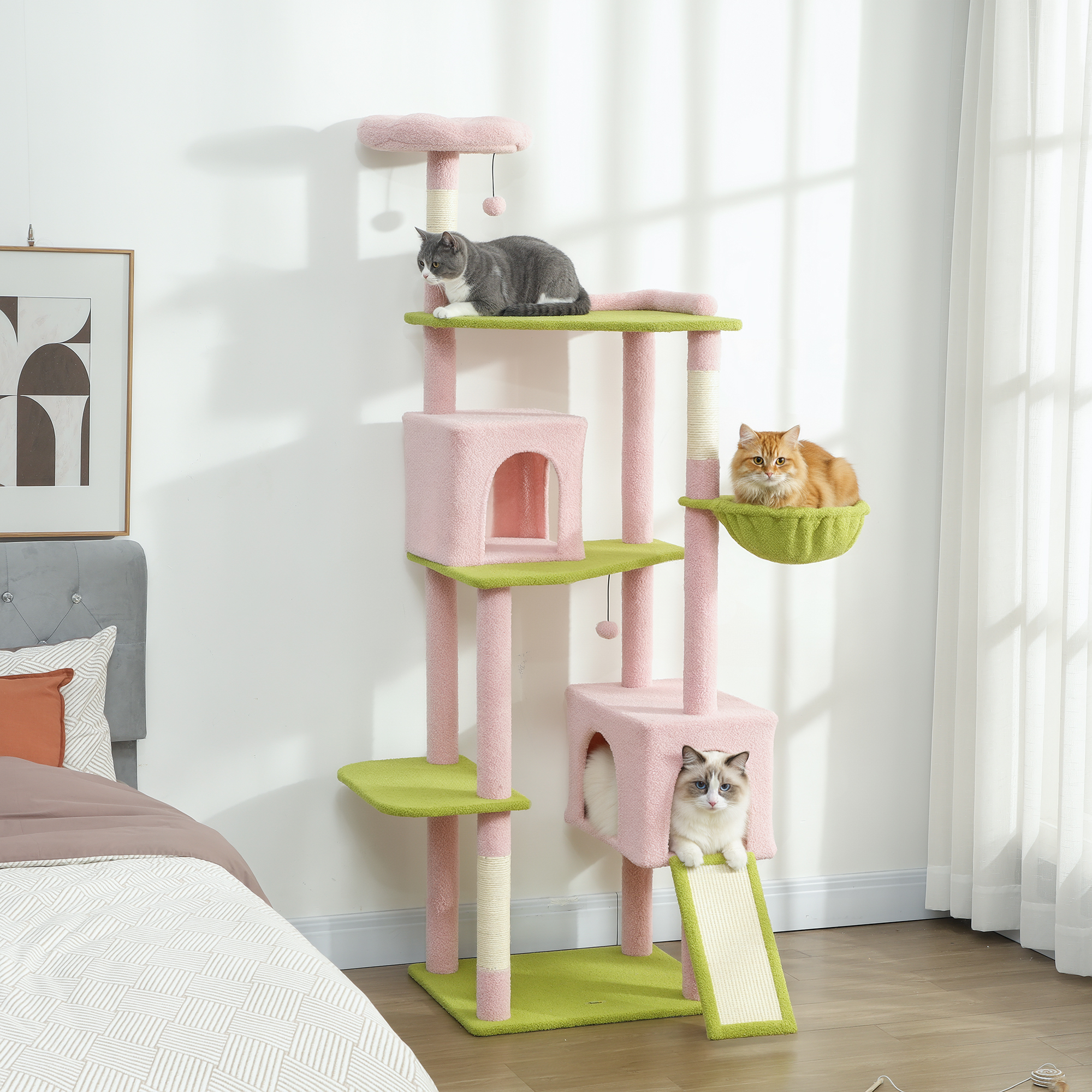Arbre chat 74" fleur grattoir rose