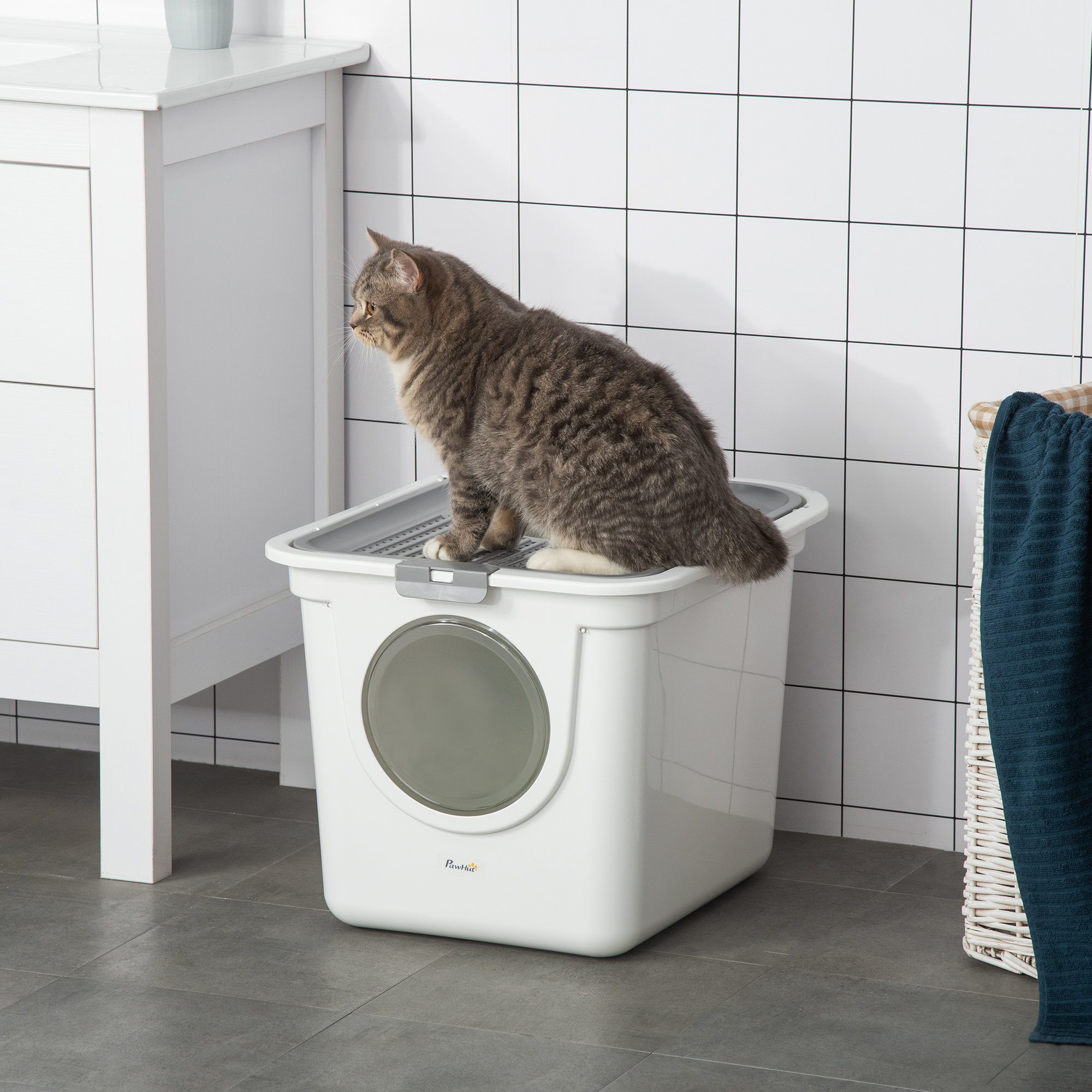 Litière chat couverte blanc entrée avant sortie