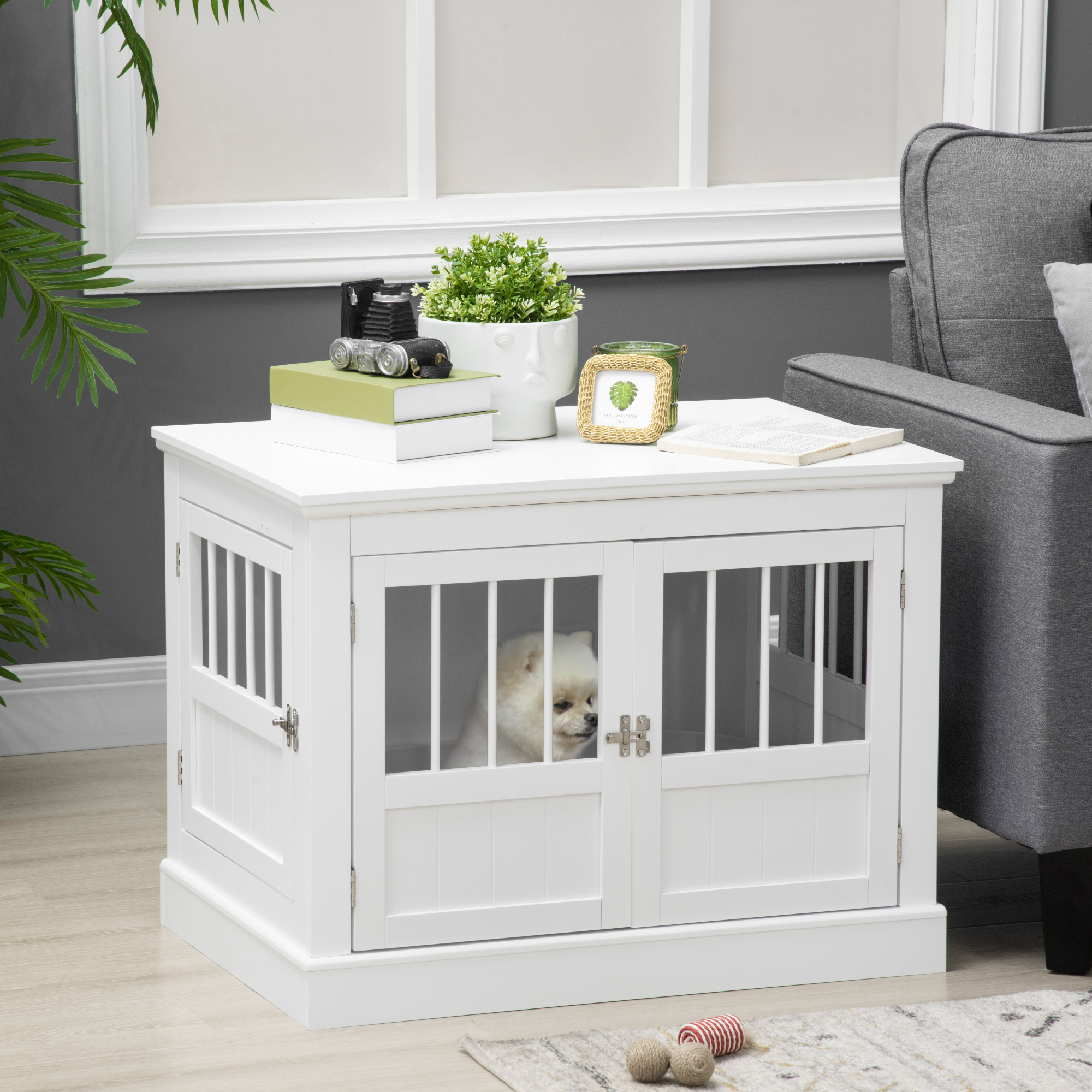 Meuble cage chien 3 portes, pin blanc, petits chiens