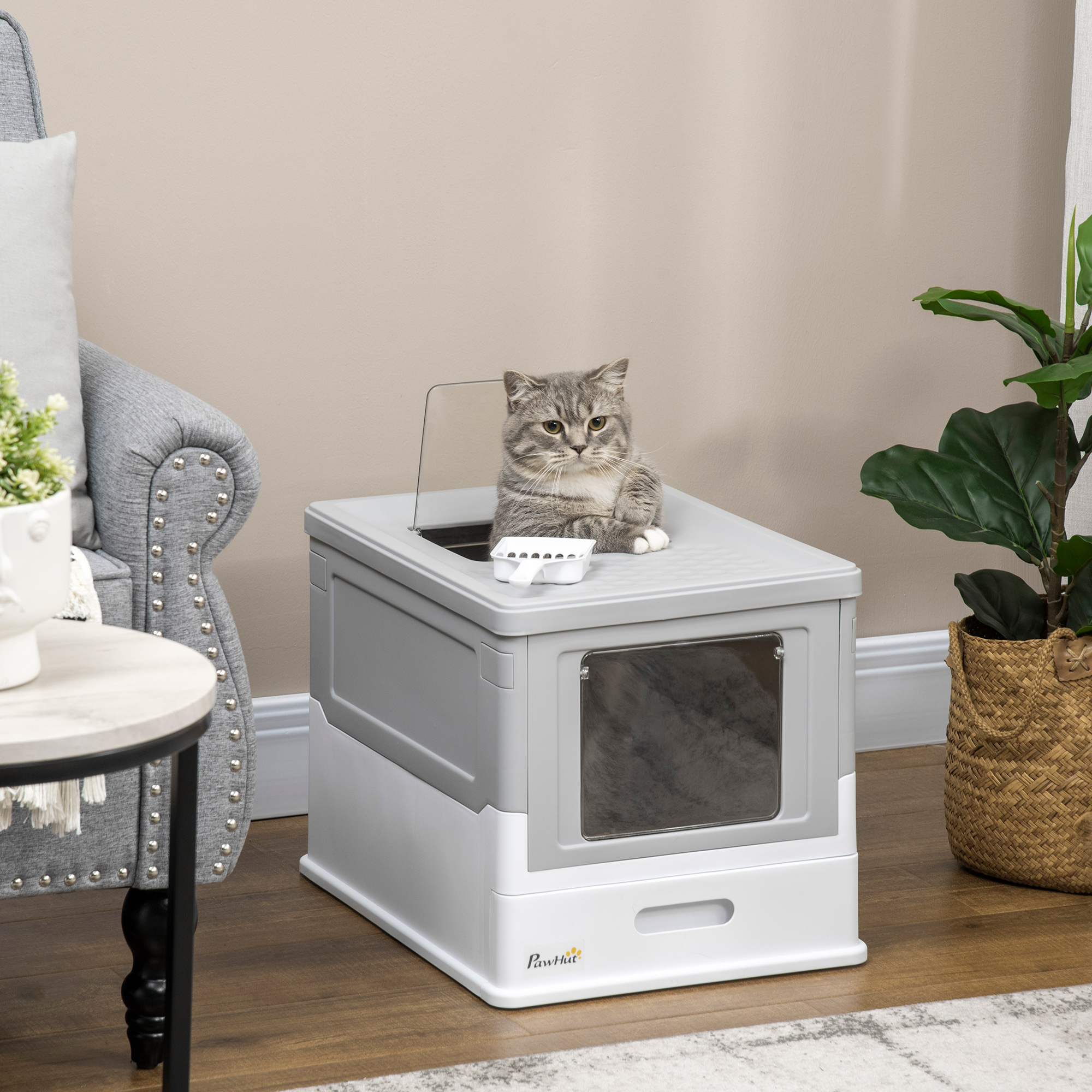 Bac litière chat entièrement fermé - Gris et blanc