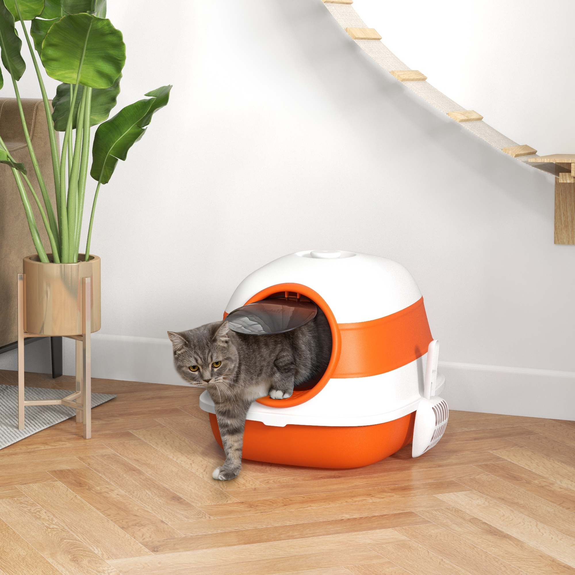 Litière chat dôme couvercle - Blanc et orange