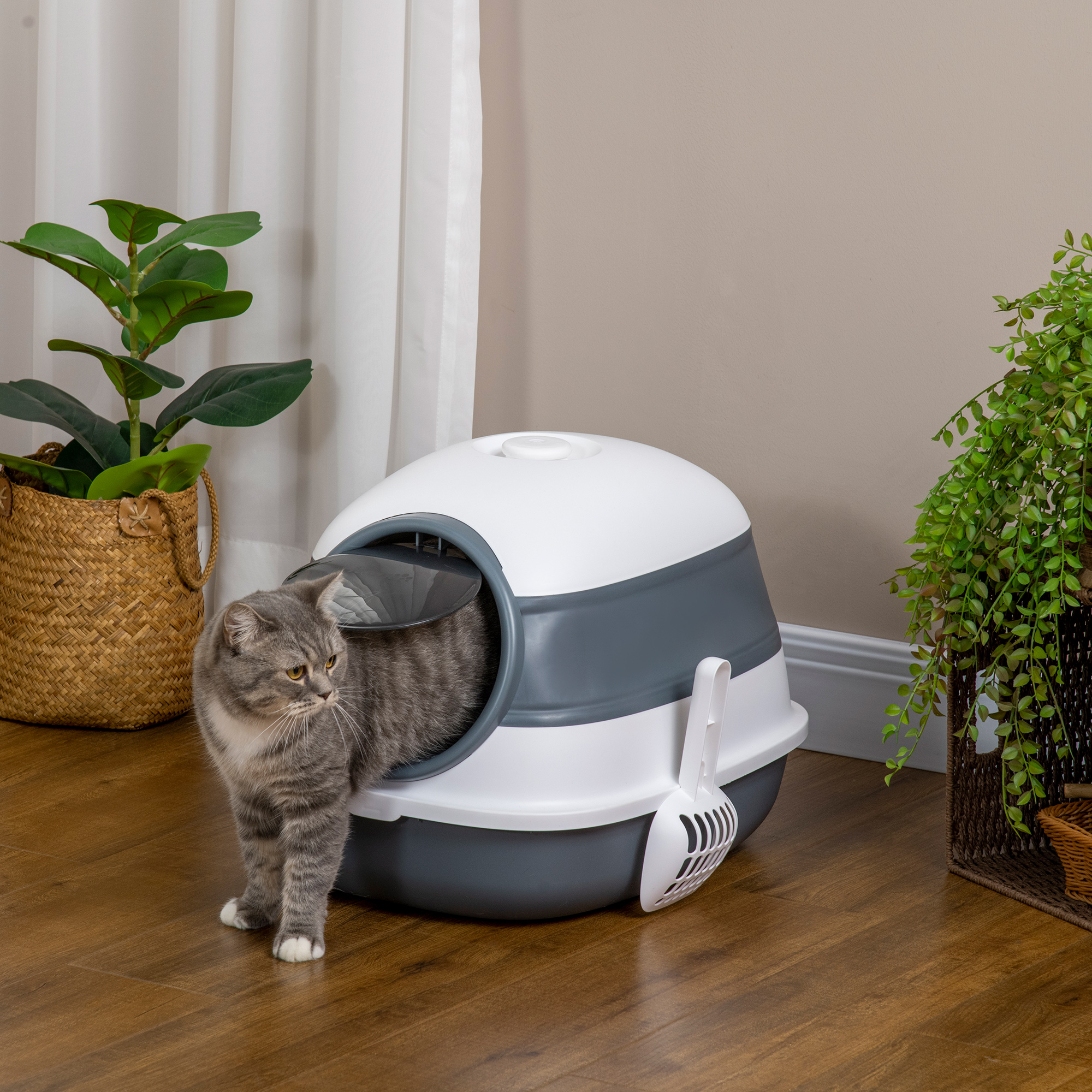 Litière chat dôme couvercle - Blanc et gris