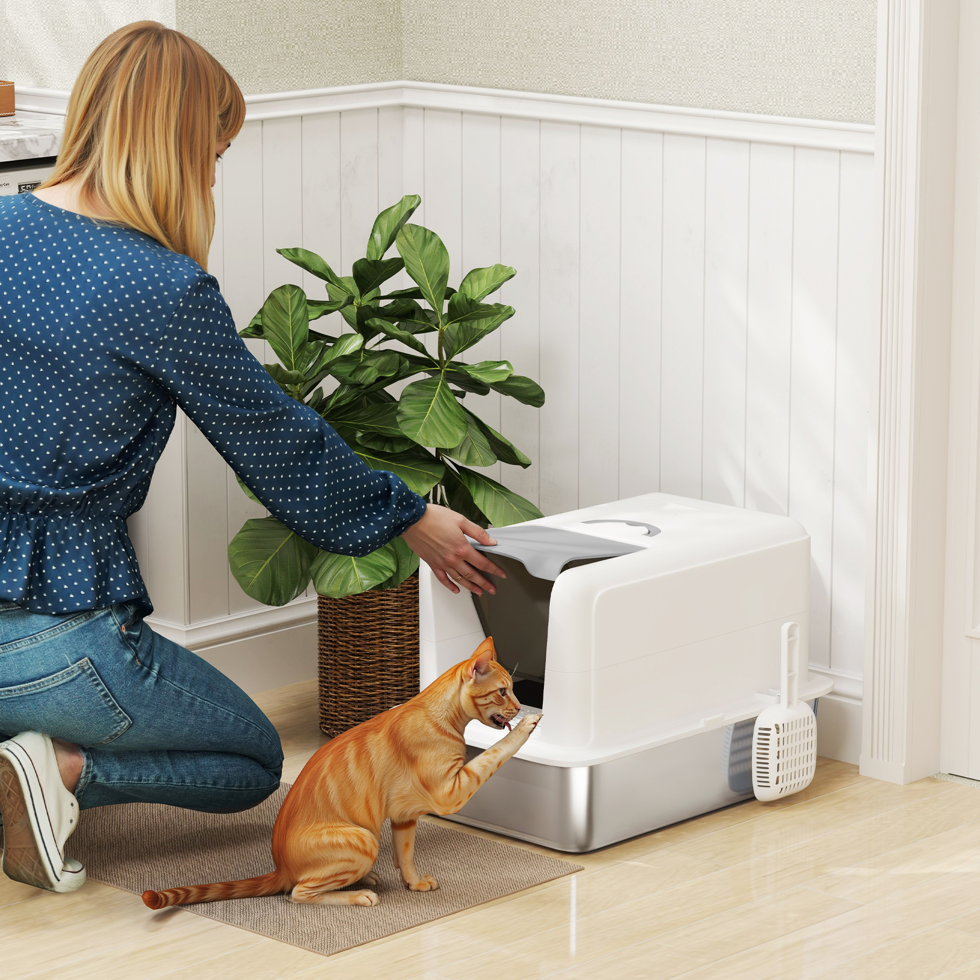 Bac litière chat acier inox 2-en-1 couvercle, pelle, filtres blanc