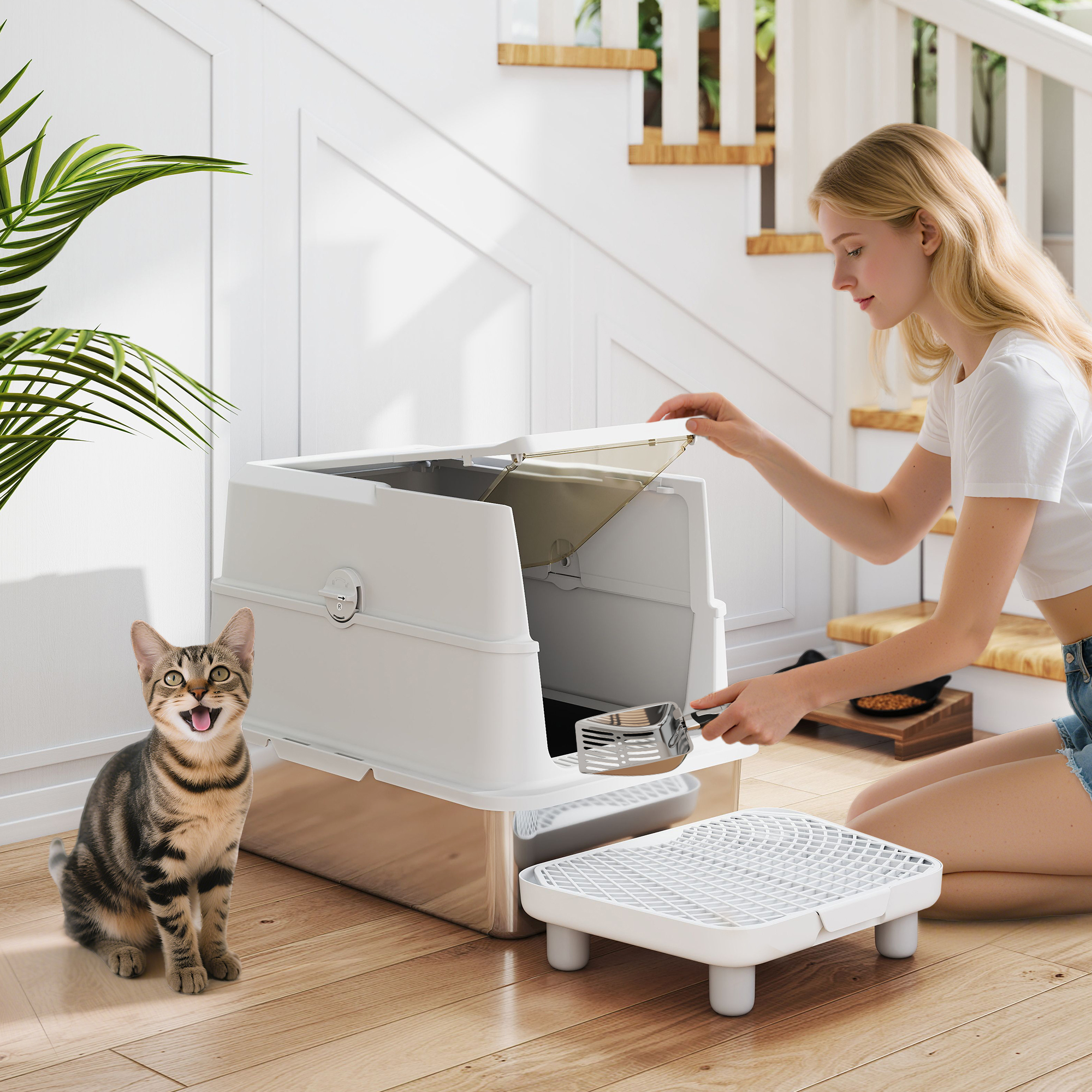 Litière chat géante acier inox couvercle rabattable