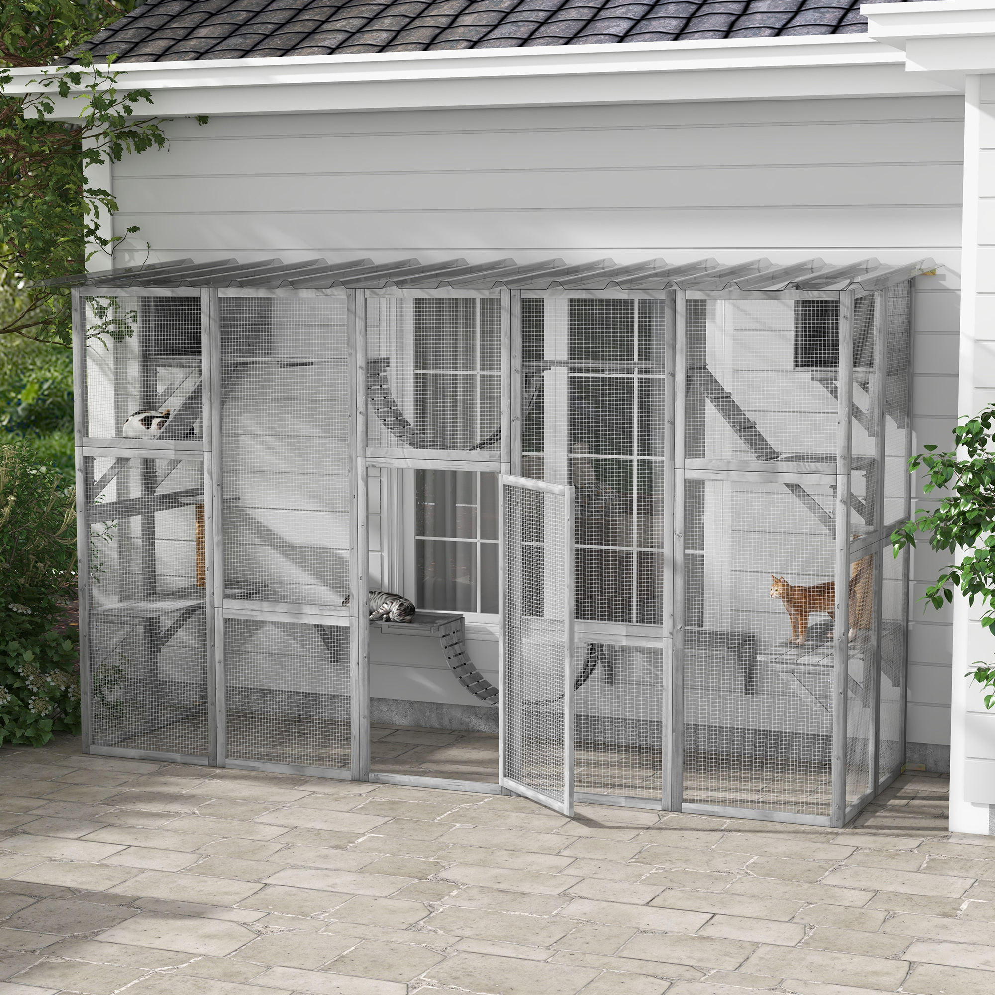 Catio fenêtre chat extérieur, étagères, ponts, gris