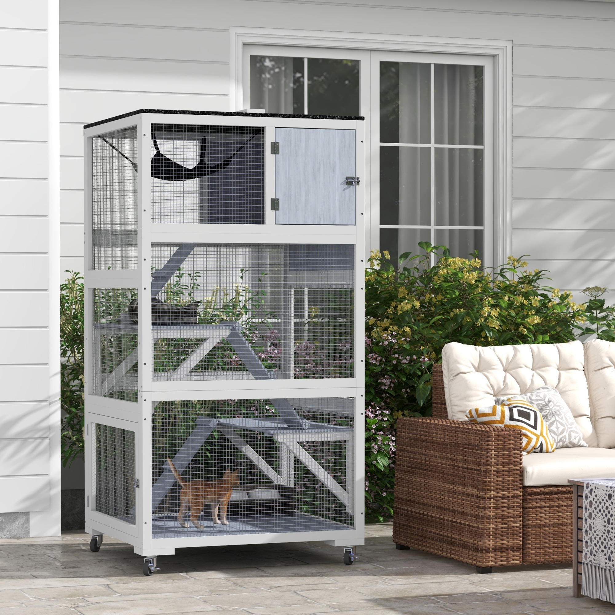 Catio chat roulettes avec hamac, gris