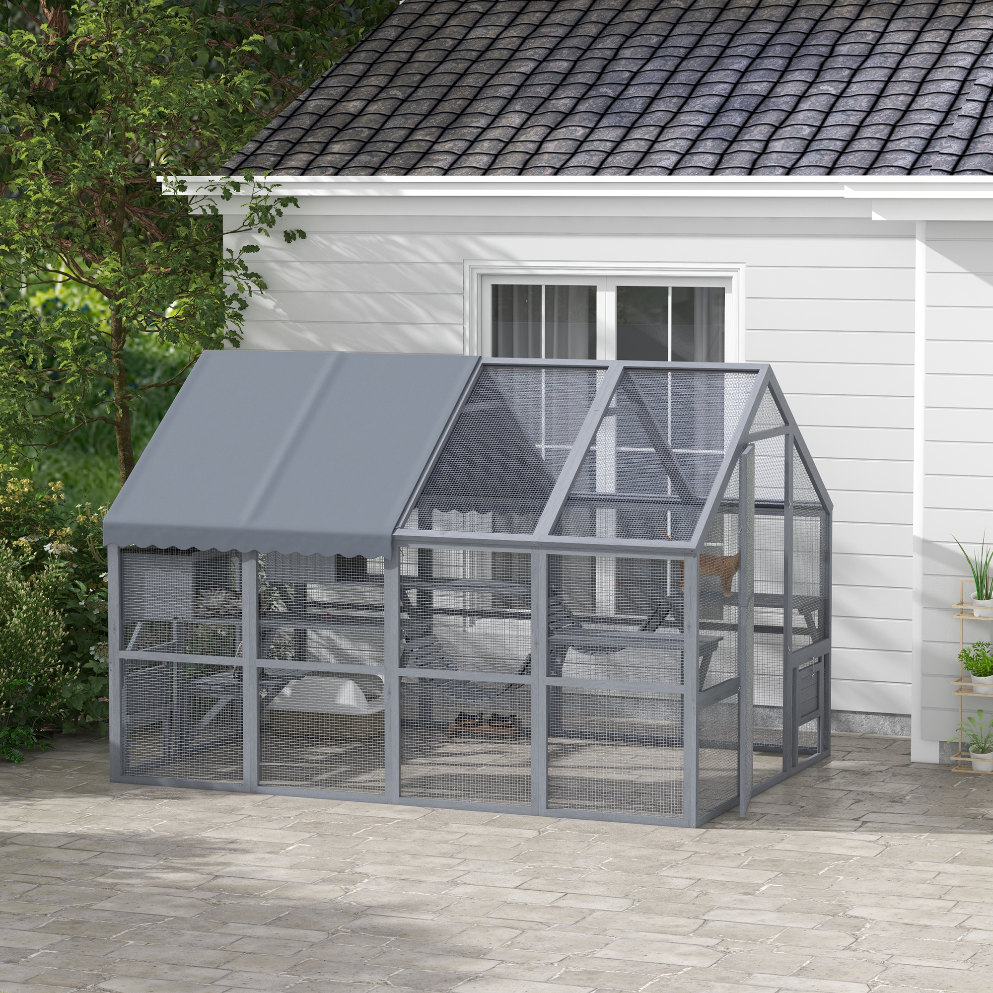 Enclos chat en bois avec housse imperméable, 2 condos, 6 plateformes