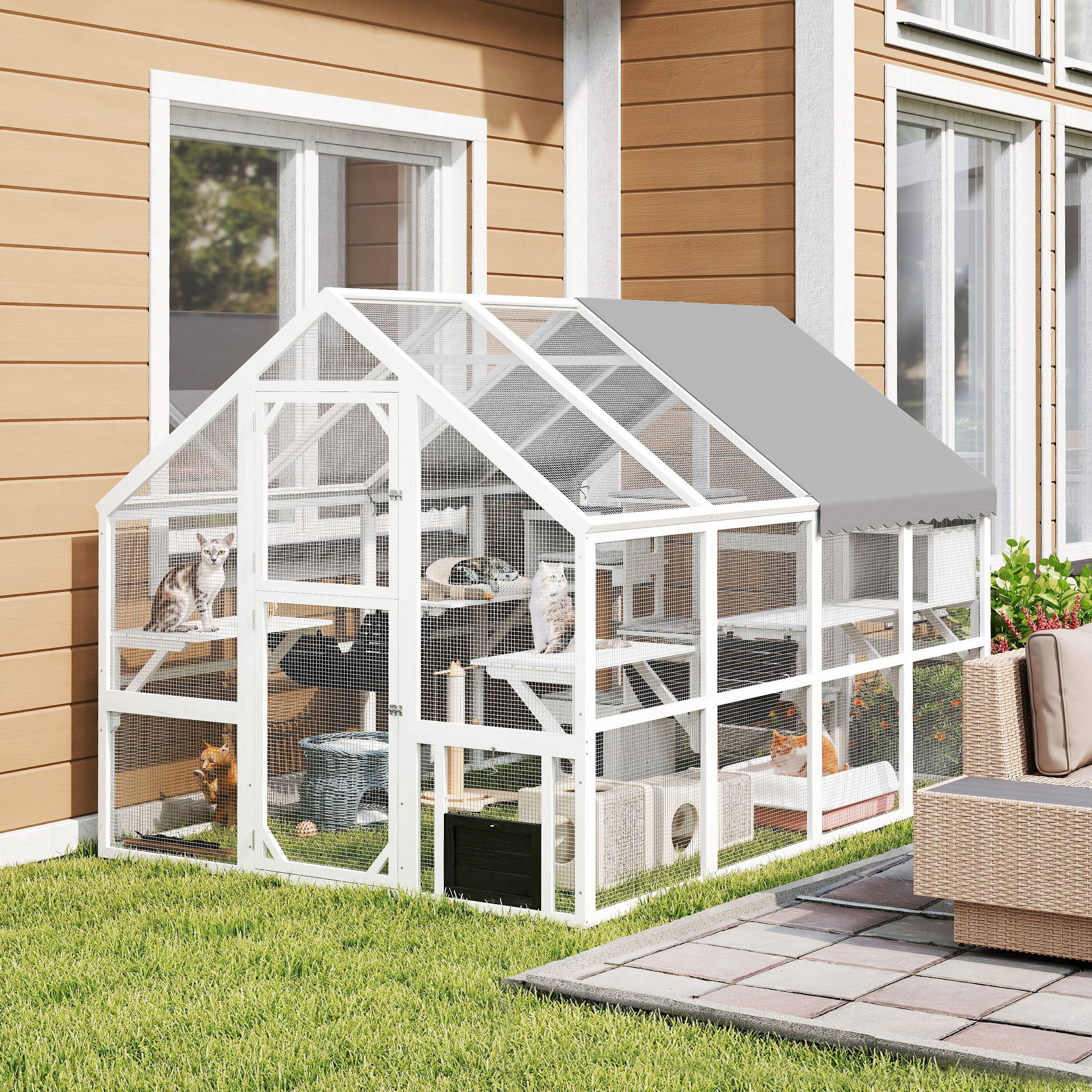 Catio bois extérieur couverture imperméable 2 condos blanc