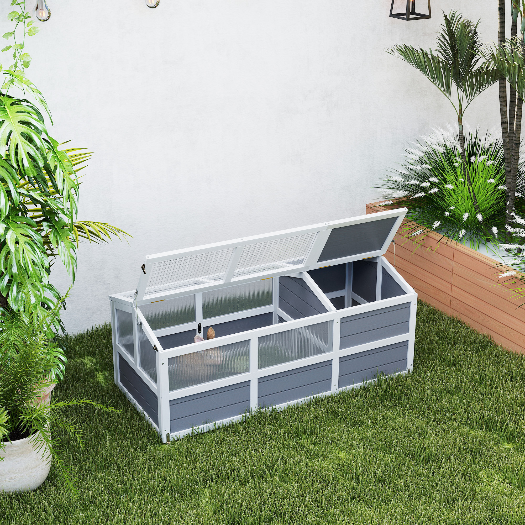Habitat tortue bois extérieur, portes, panneau solaire, petits animaux, gris