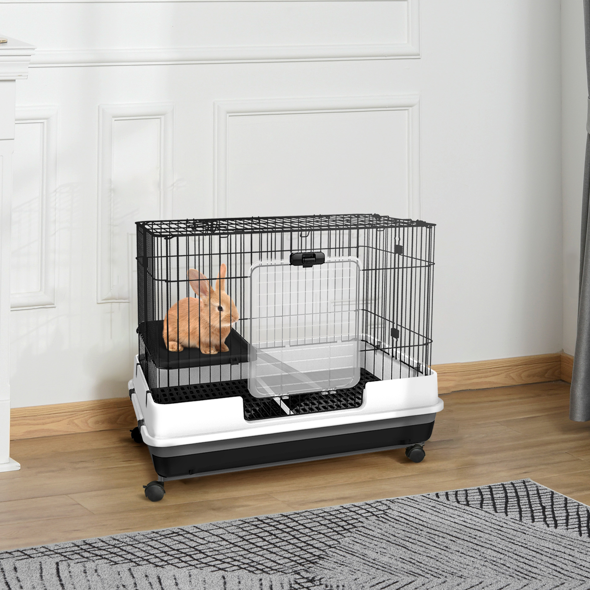 Cage petit animal 2 niveaux lapin avec roulettes, plateau amovible, noir