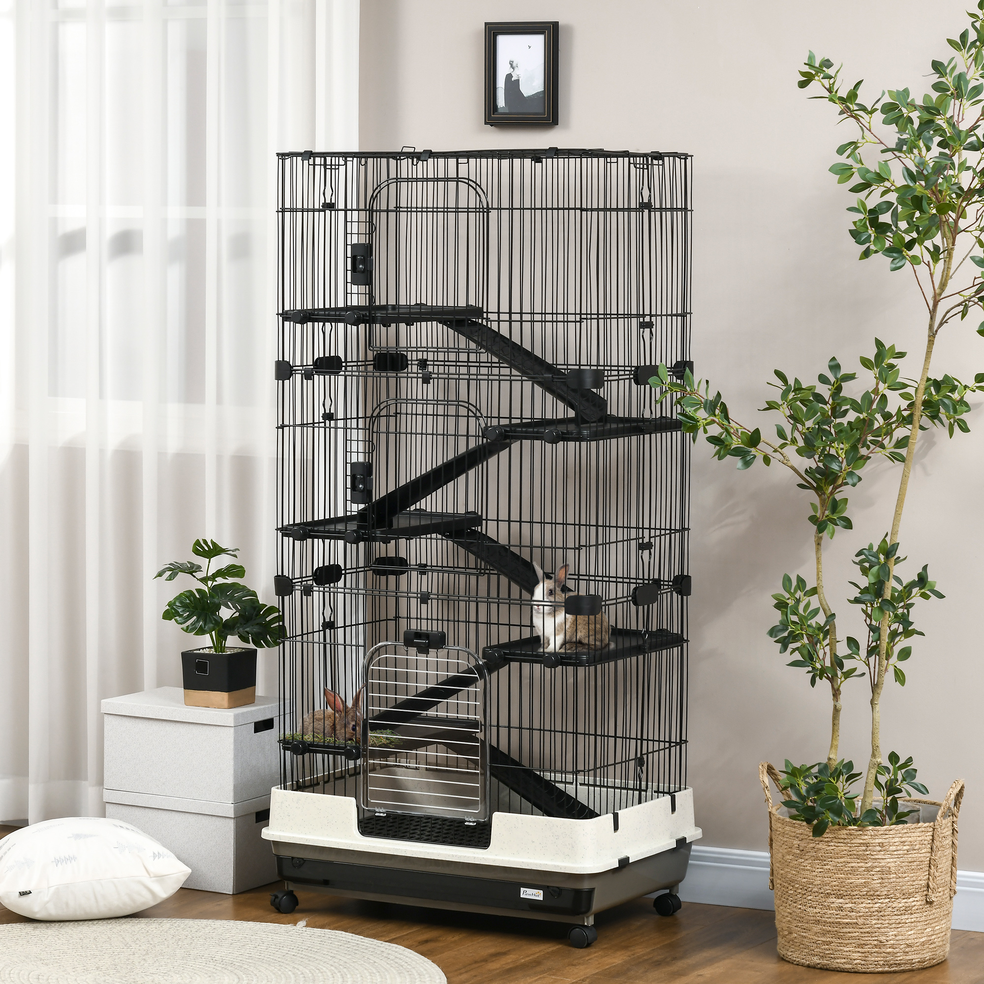 Cage Petit Animal 32"L 6 Niveaux Roues Bac Amovible