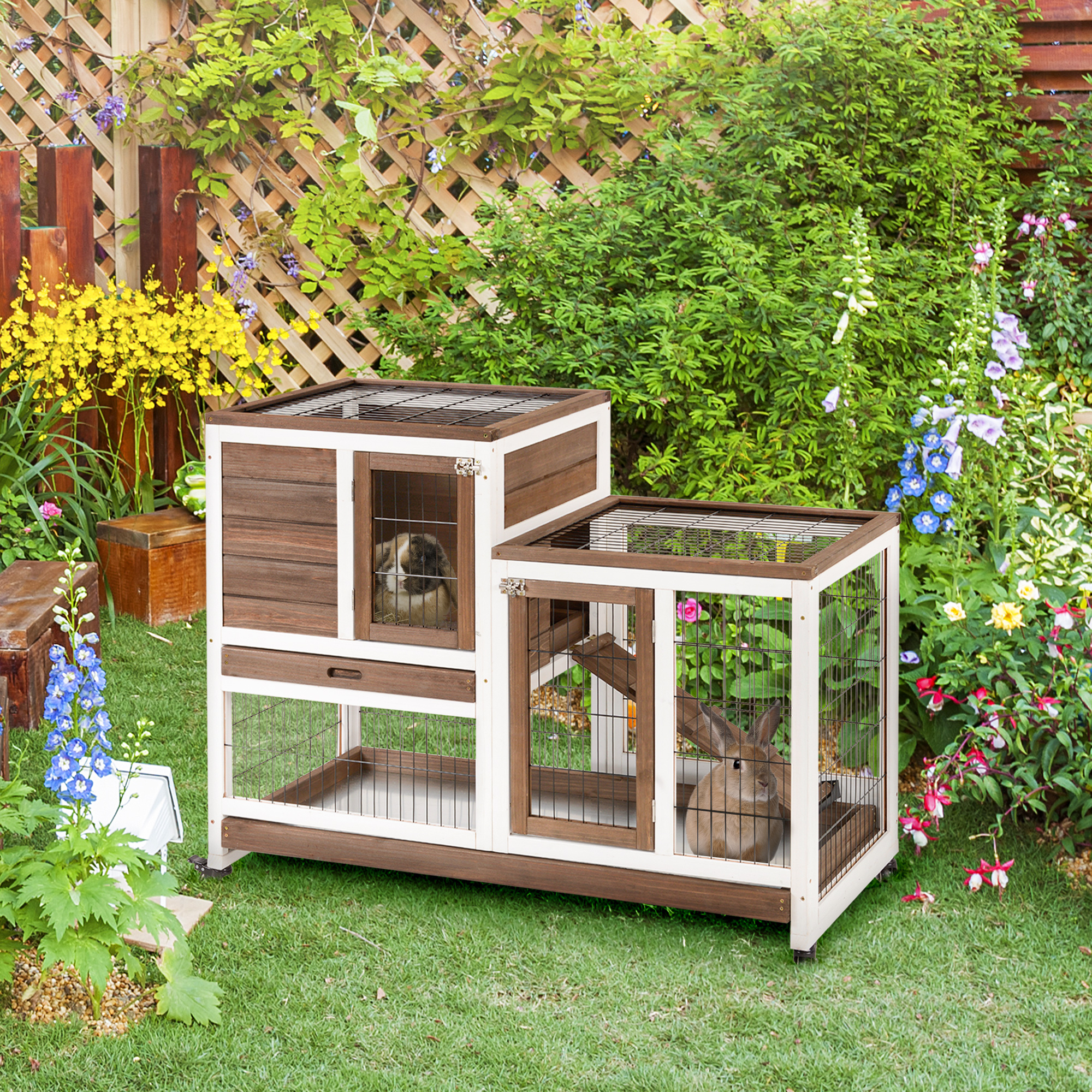 Clapier lapin hutch bois cage animaux roues brun