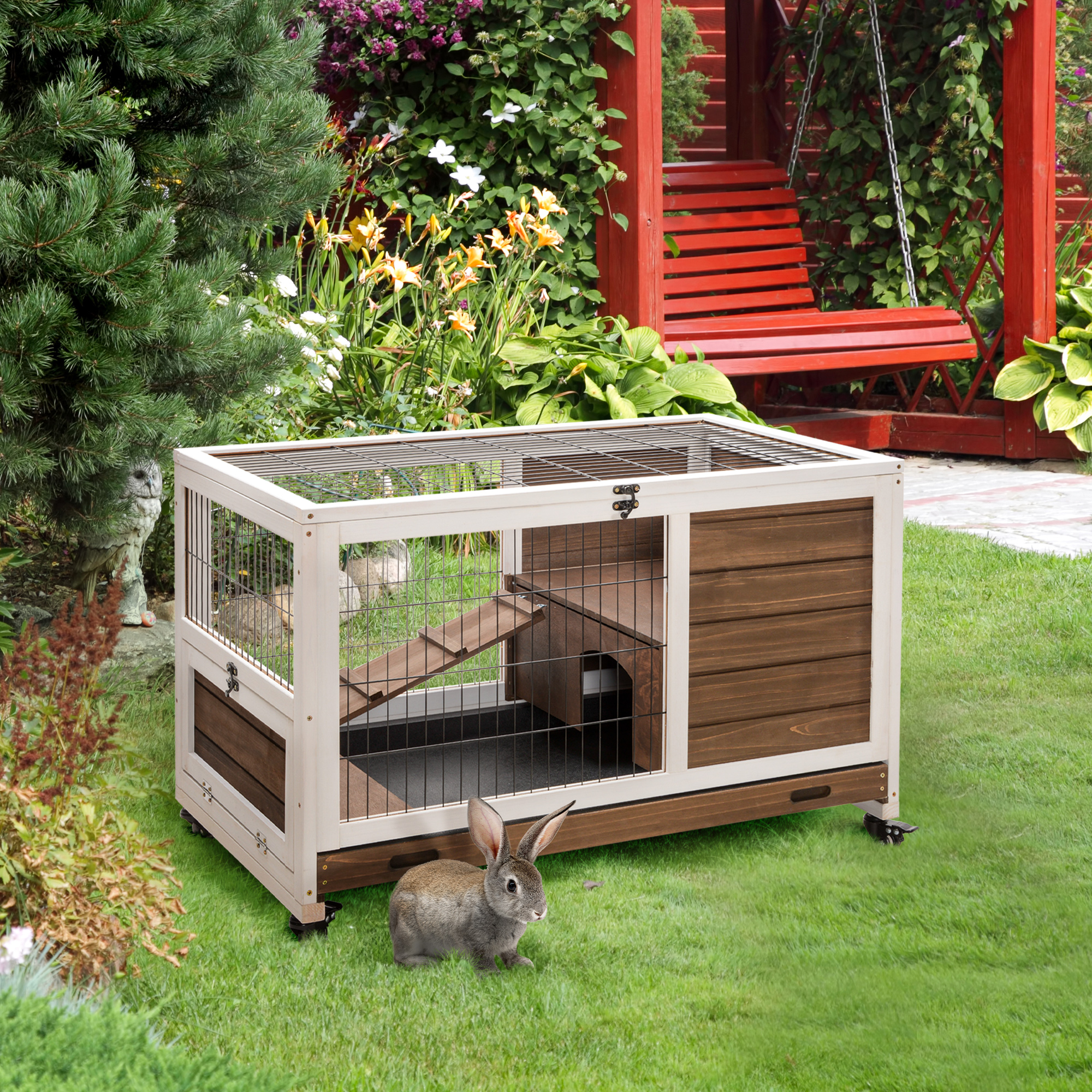 Enclos lapin intérieur sur roulettes, 35.5 x 21 x 23, brun