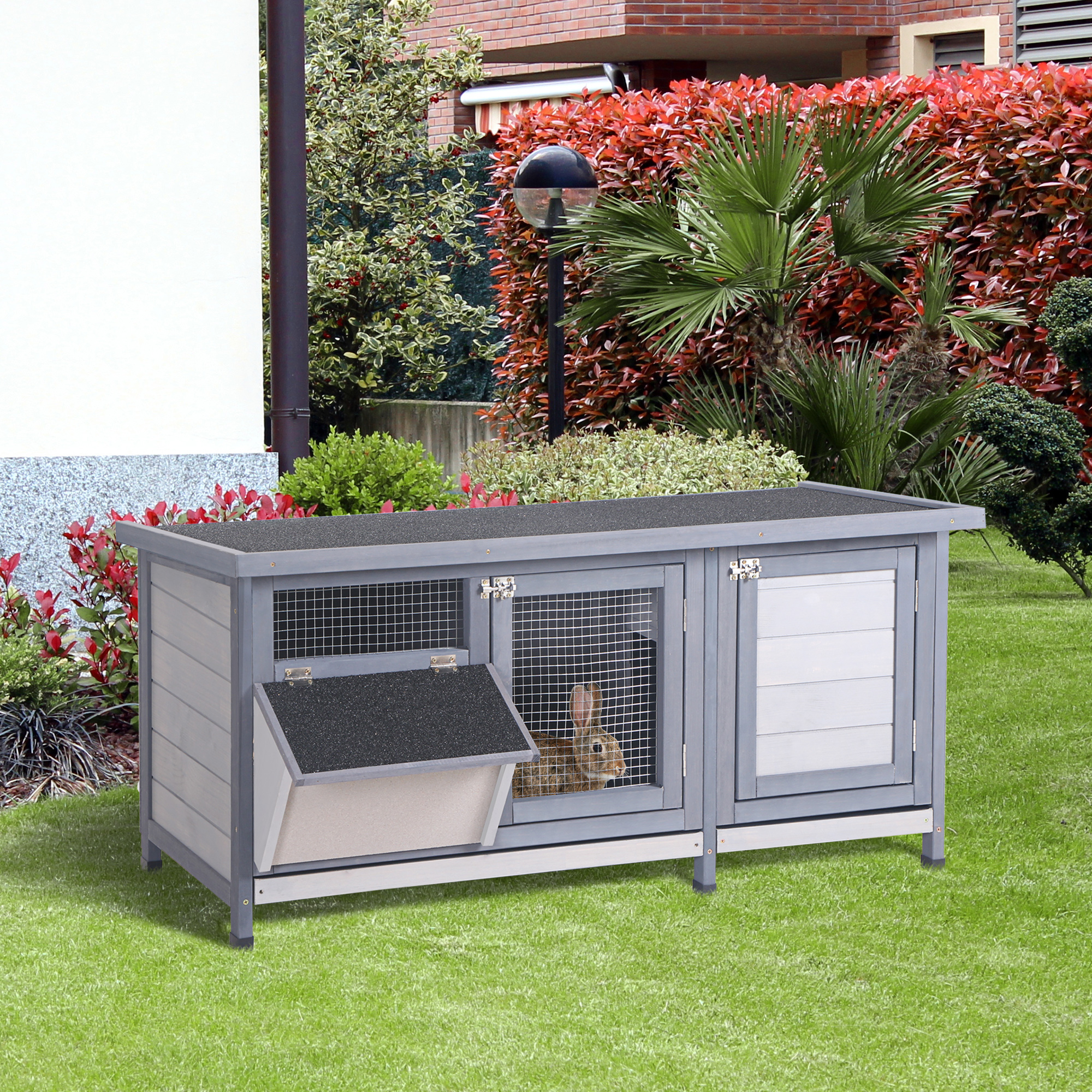 Clapier en bois pour lapin avec toit imperméable, gris