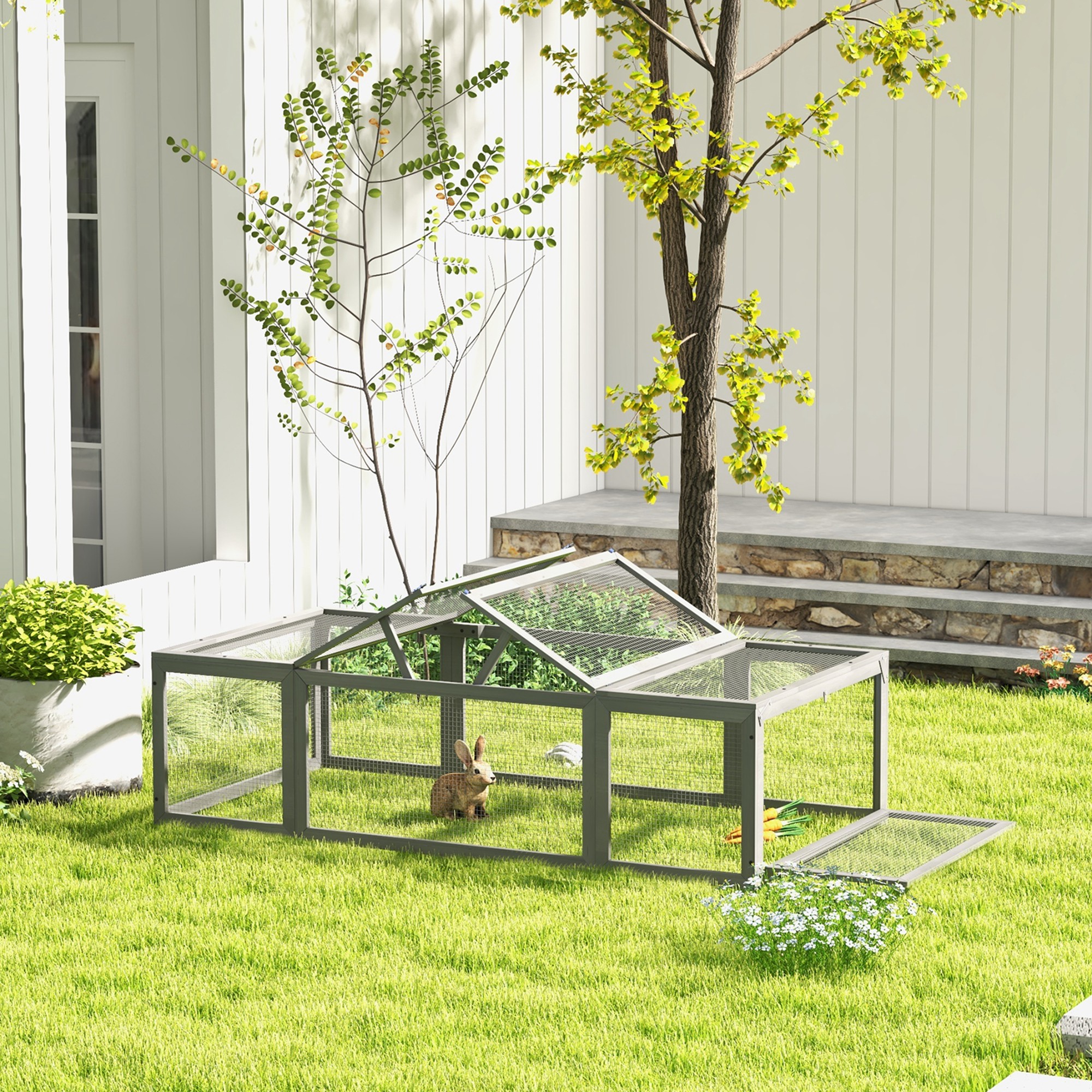 Clapier lapin bois grand habitat enclos extérieur gris