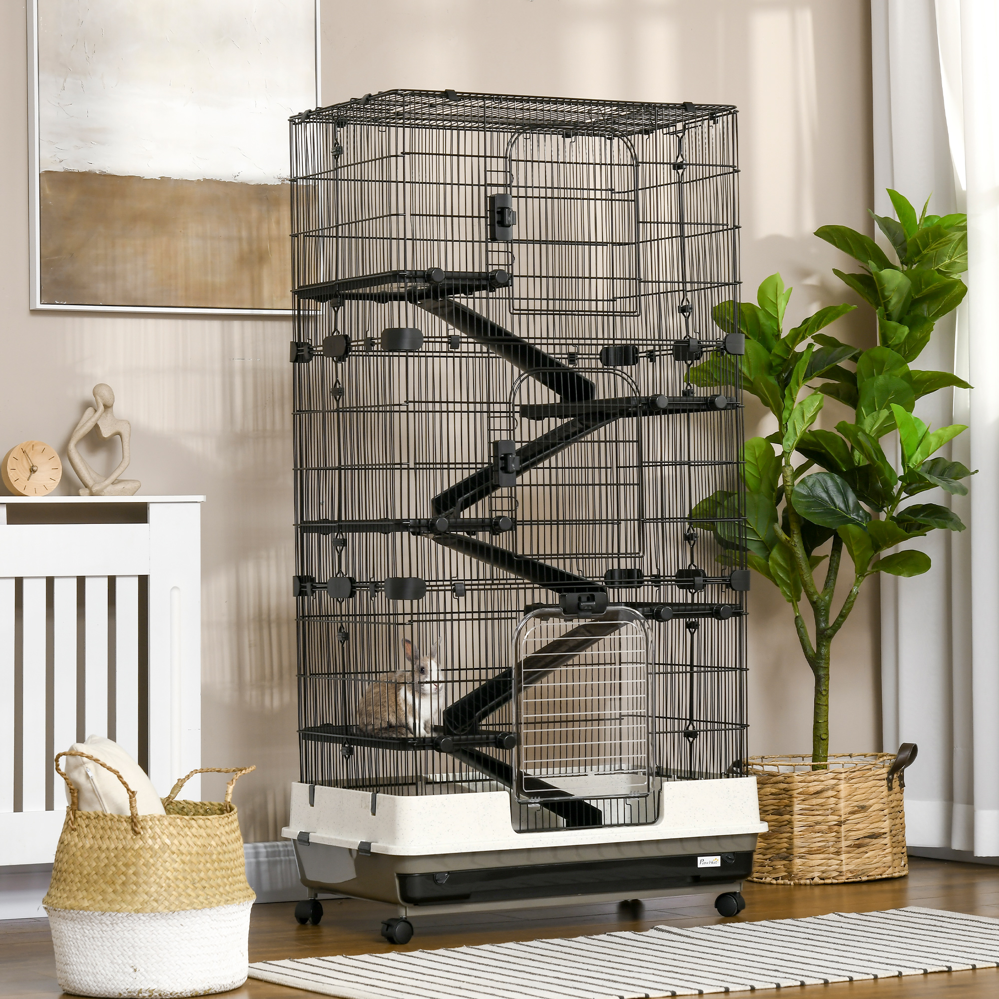 Cage rongeur 6 niveaux roulante, grand espace vie, noir