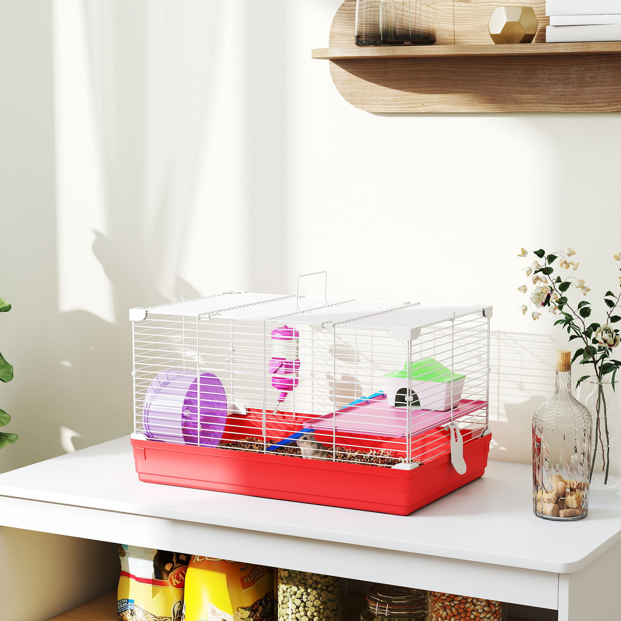 Cage hamster 18,5po roue exercice 2 étages rouge