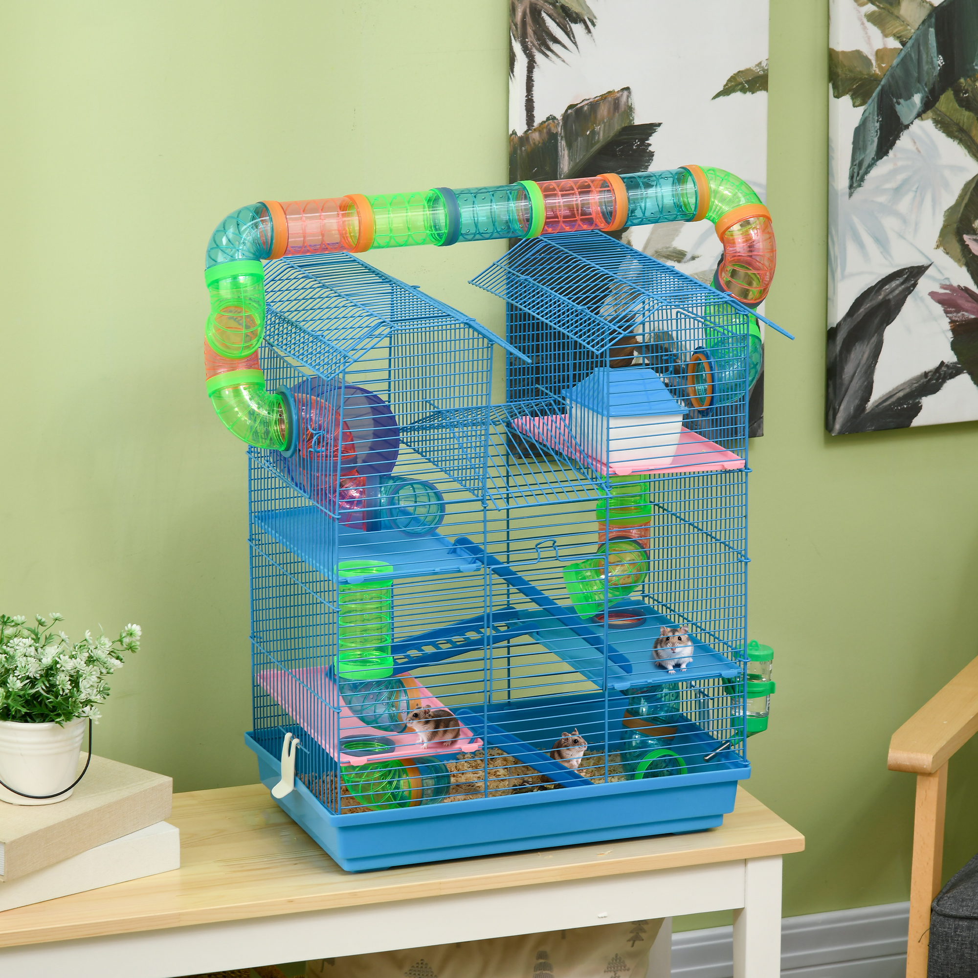 Cage hamster 5 étages 18,5" avec tubes et roue, bleu