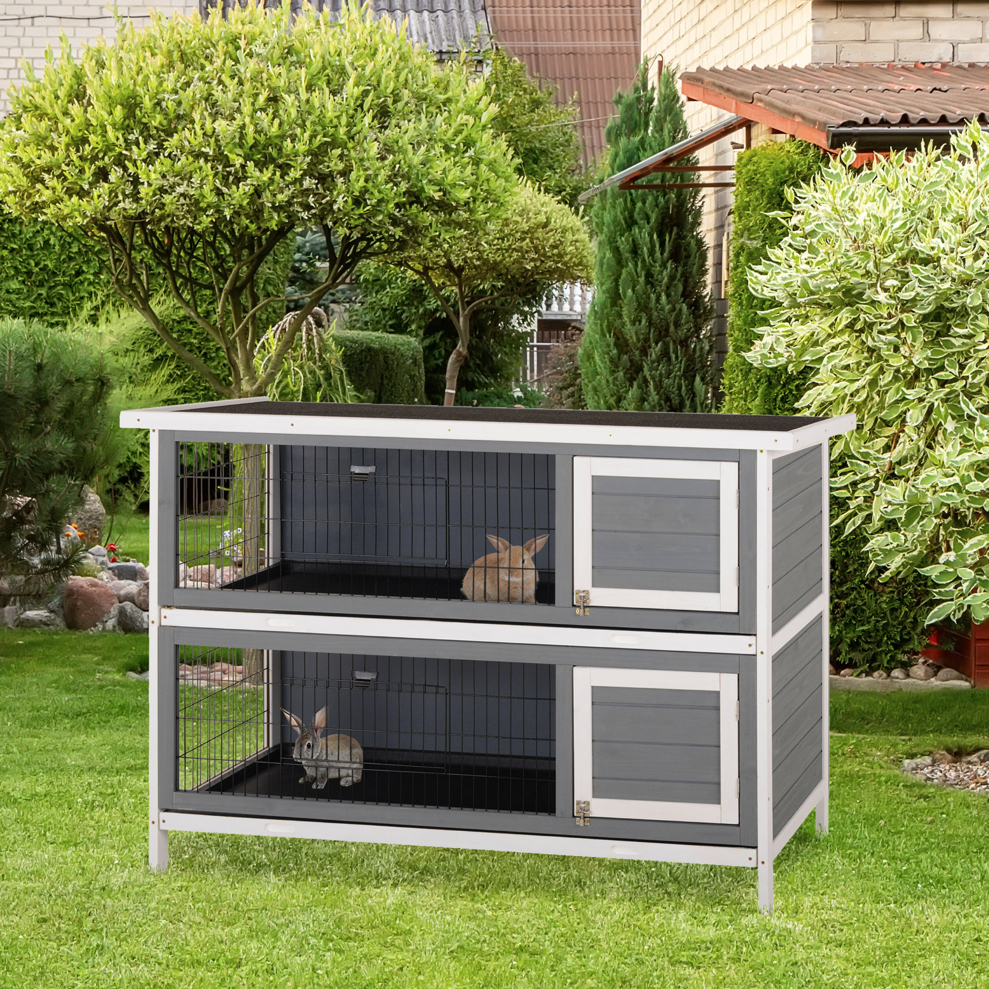 Clapier lapin 54" 2 étages bois gris foncé extérieur