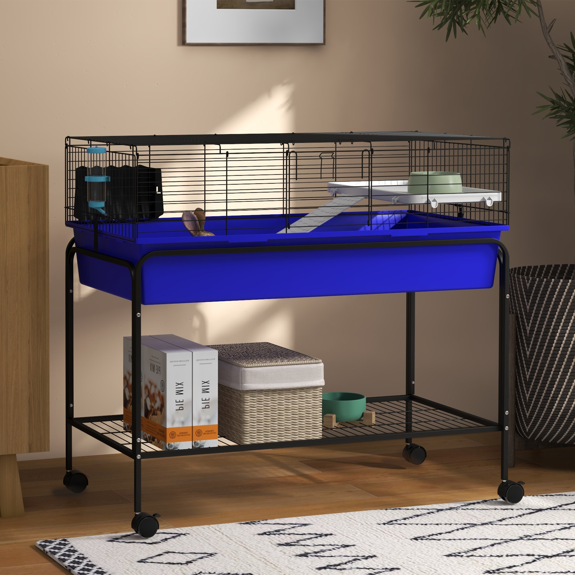 Cage animaux 2 étages 39"x20,5"x36,5" bleu sur roulettes