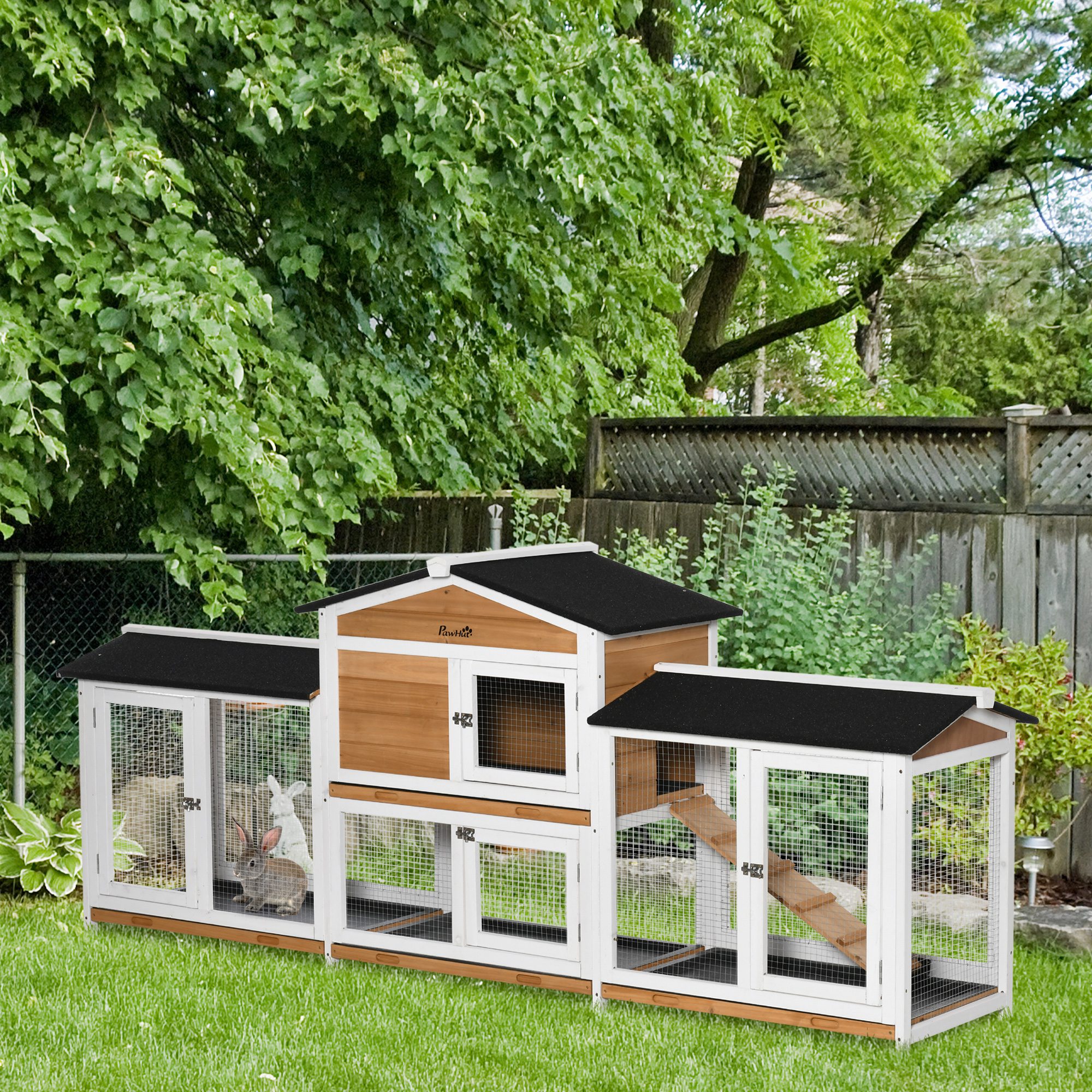 Clapier lapin 90,5 po blanc avec enclos, rampe, bac