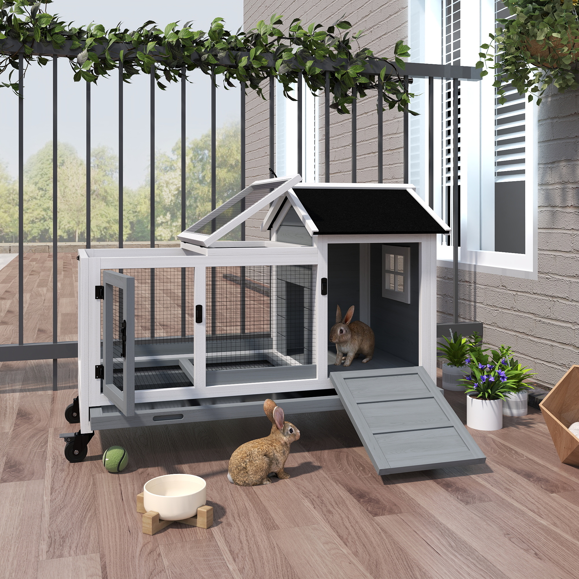 Clapier en bois avec roues, pour lapins et petits animaux