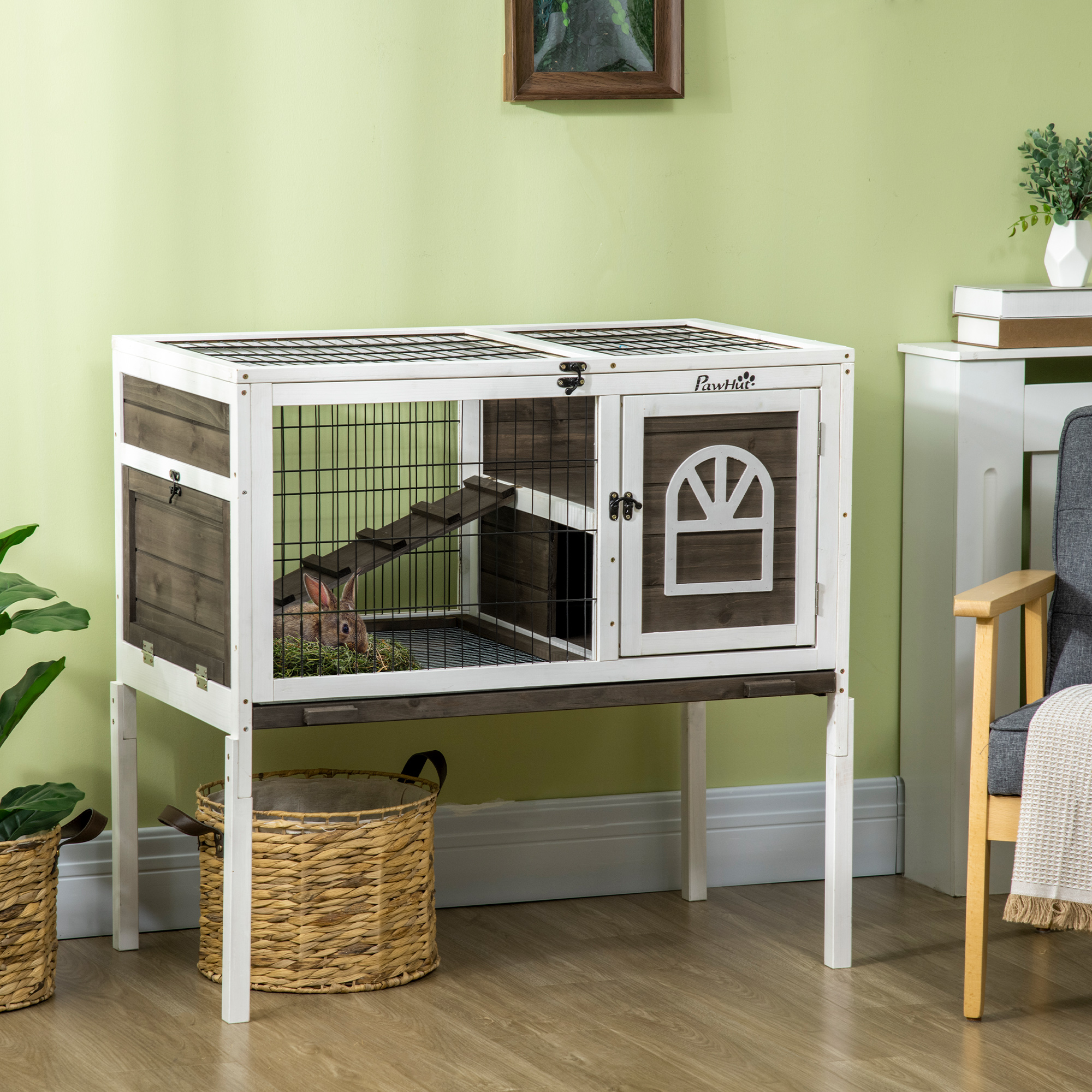 Clapier en bois élevé pour lapins et cochons d'Inde, café