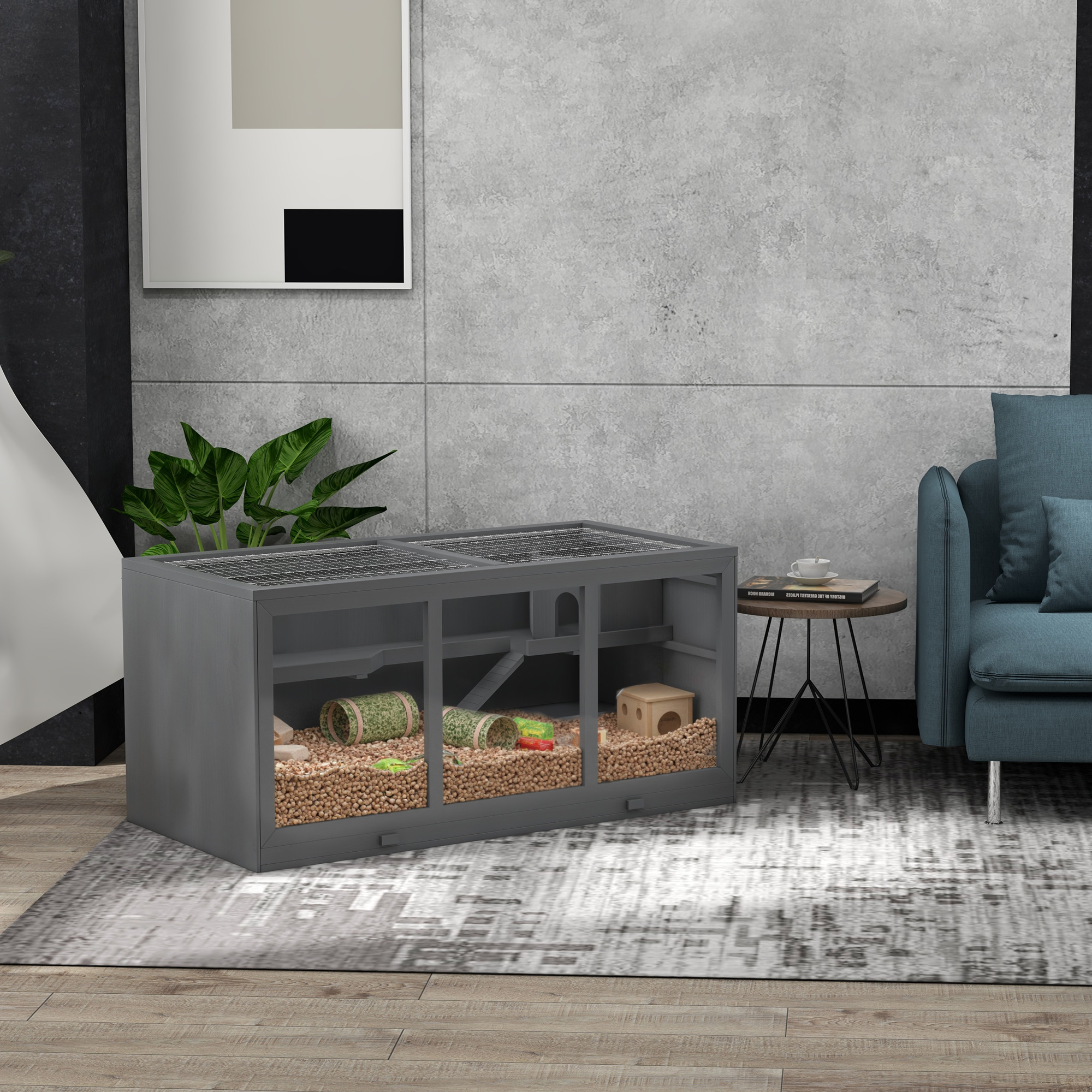 Cage hamster bois 76L toit ouvrant gris
