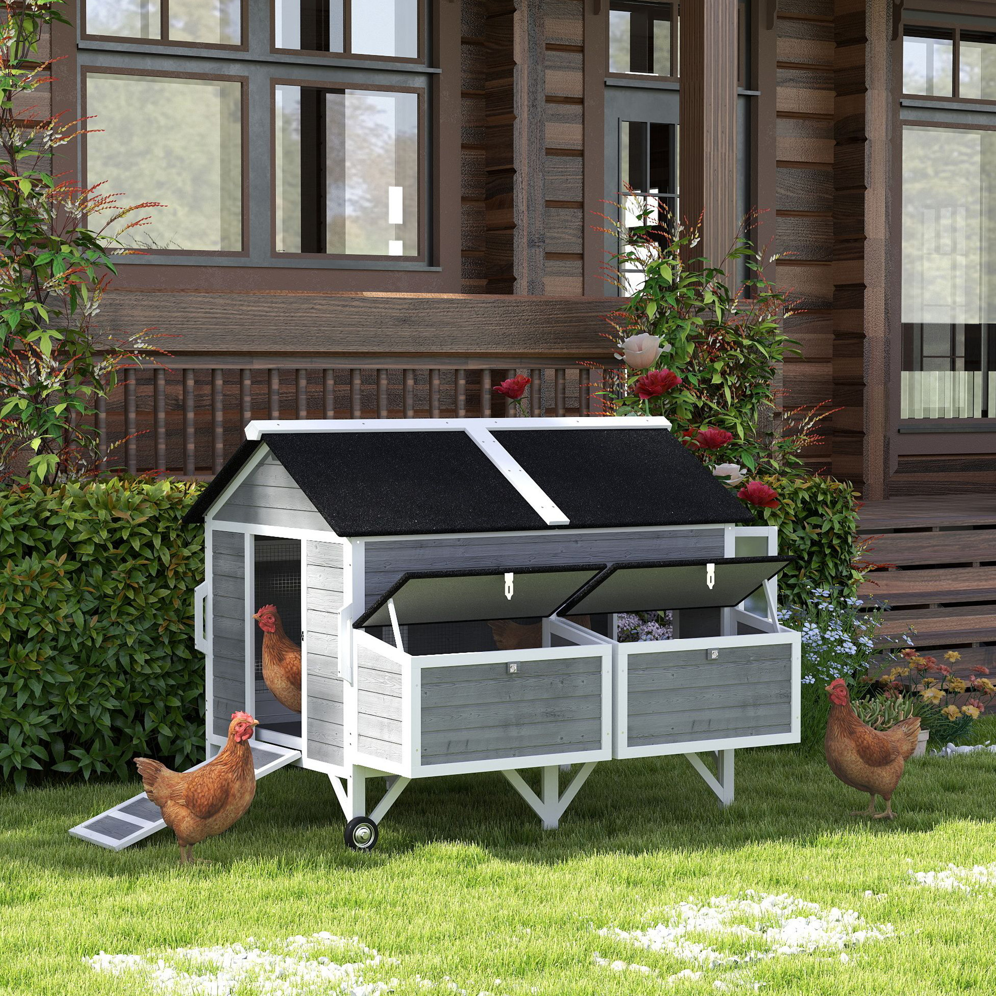 Poulailler bois 59po roues, 2 nids, 4 perchoirs, 4-6 poules