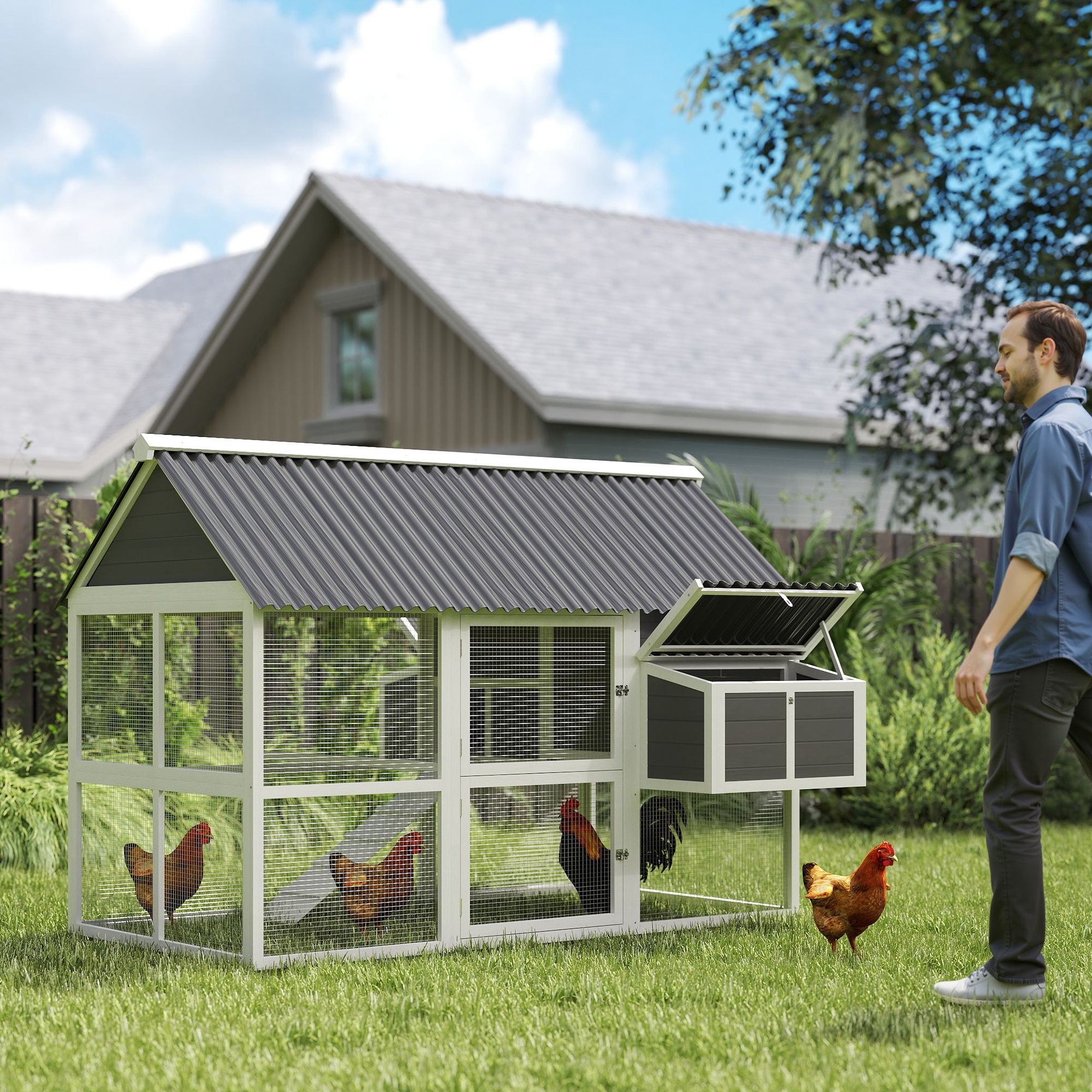 Poulailler bois avec enclos 2 pondoirs, 4-6 poules, gris