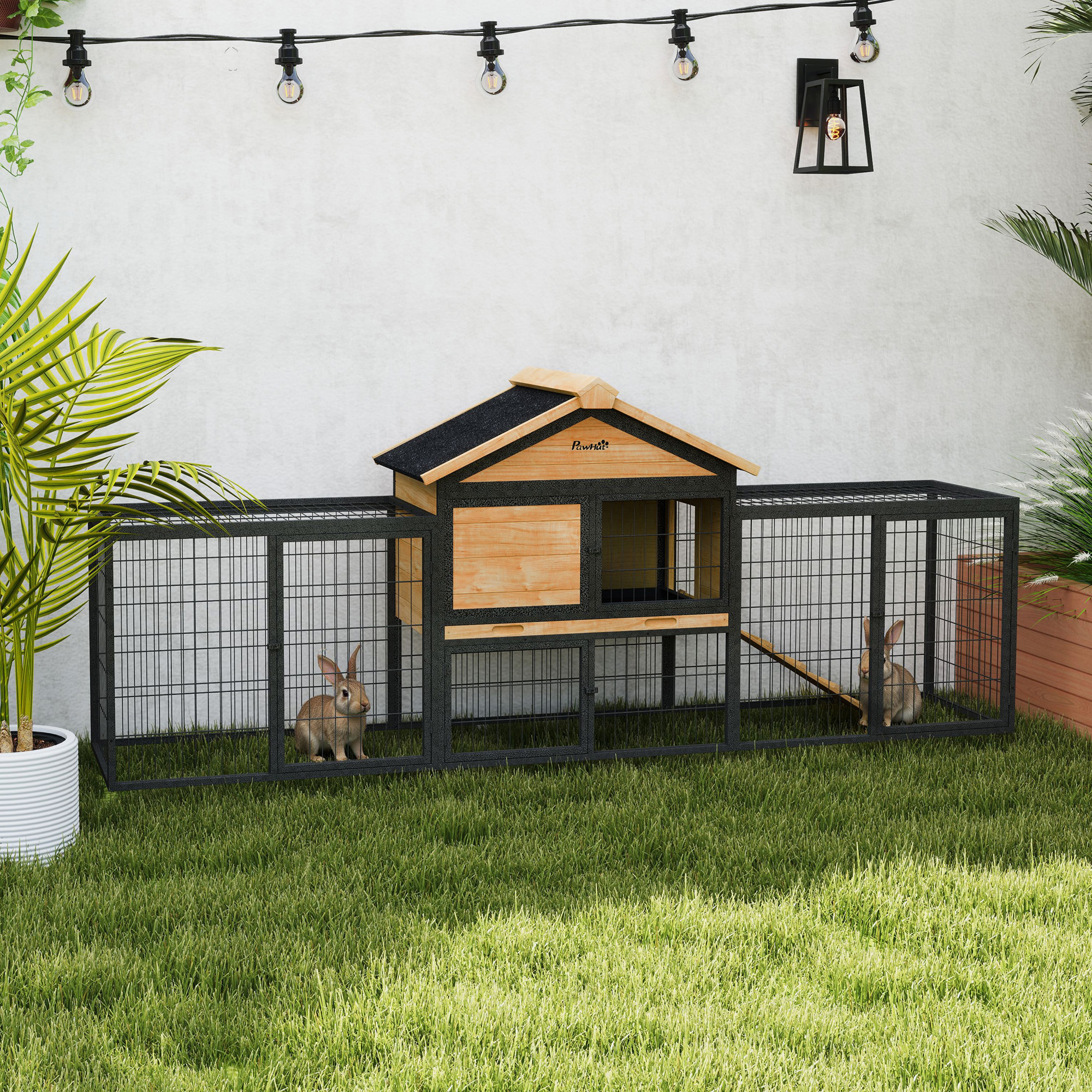 Clapier lapin bois 85" grand, enclos acier, toit asphalte