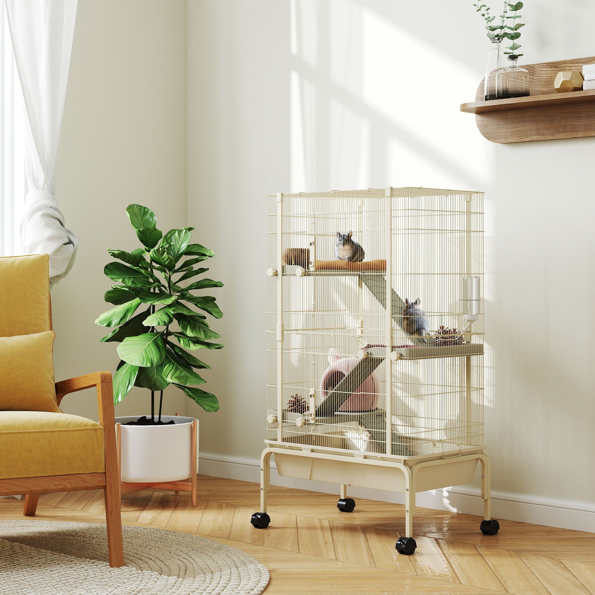 Cage roulante 4 étages pour petit animal, 47", beige
