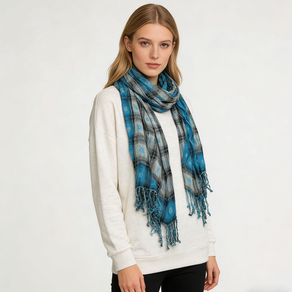 Long foulard turquoise motif jacquard texturé
