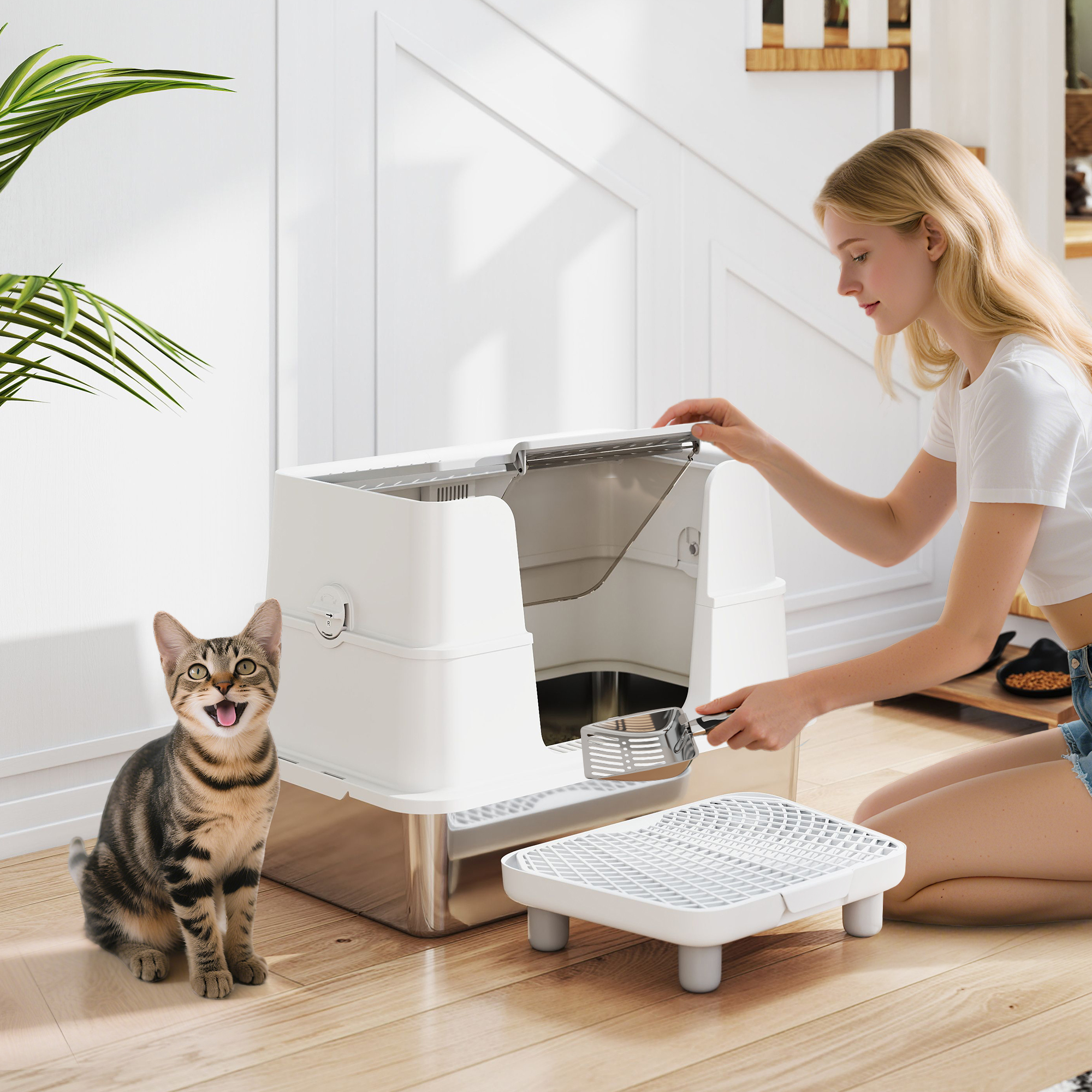 Litière XL acier inoxydable chat fermée couvercle rabattable entrée top