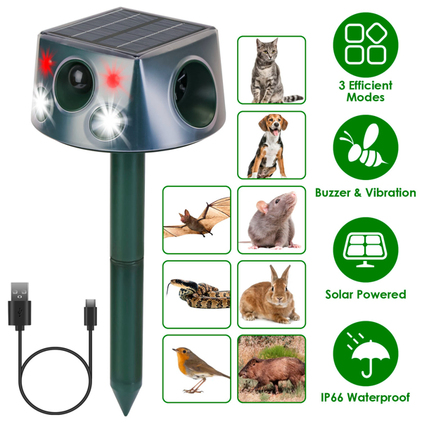Répulsif animal solaire & USB-C, ultras/buzzer/vibration