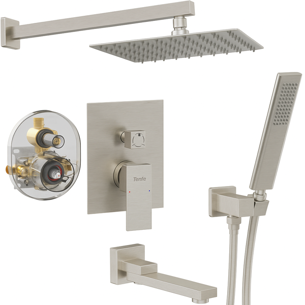 Robinet baignoire douche pluie, nickel brossé, 3 fonctions